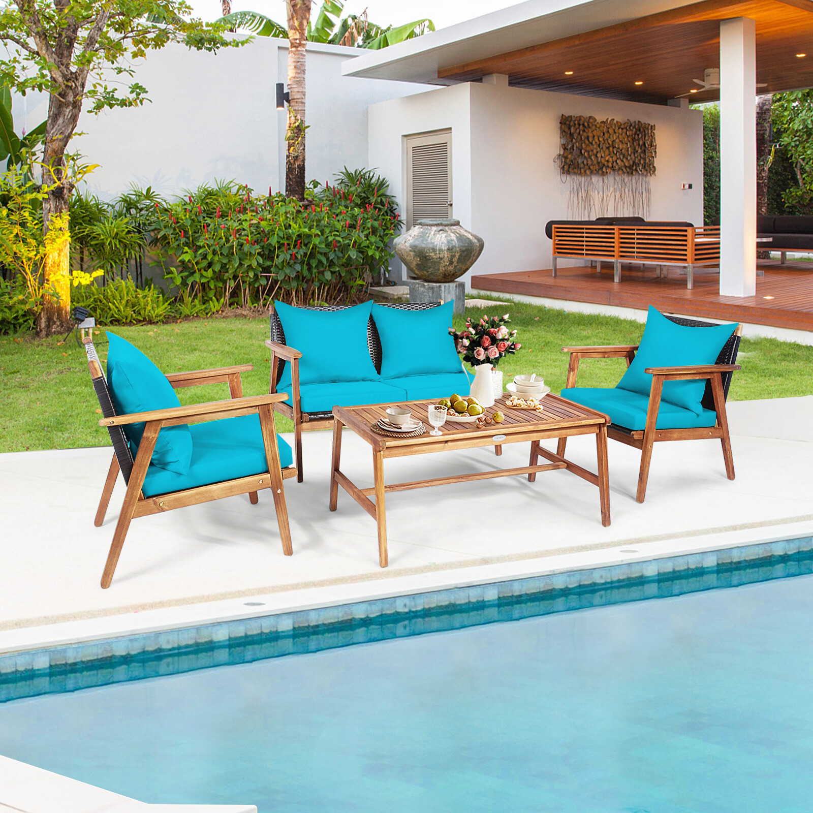 Patiojoy 4PCS Patio Rattan Furniture Set Wood Frame Cushioned Sofa with Coffee