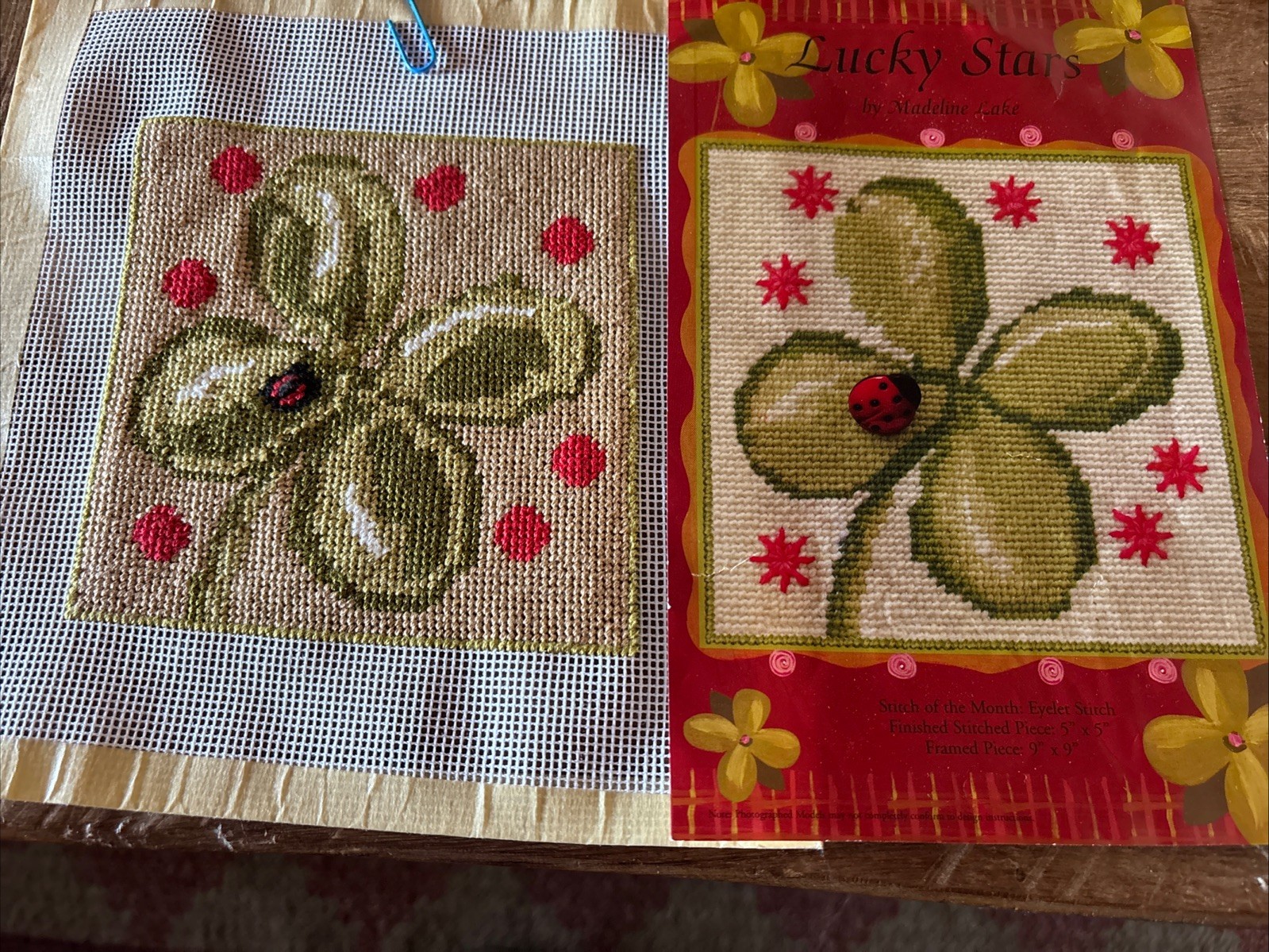 New Lucky Stars Needlepoint Completed Canvas Madeline Lake Shamrock Lady Bug