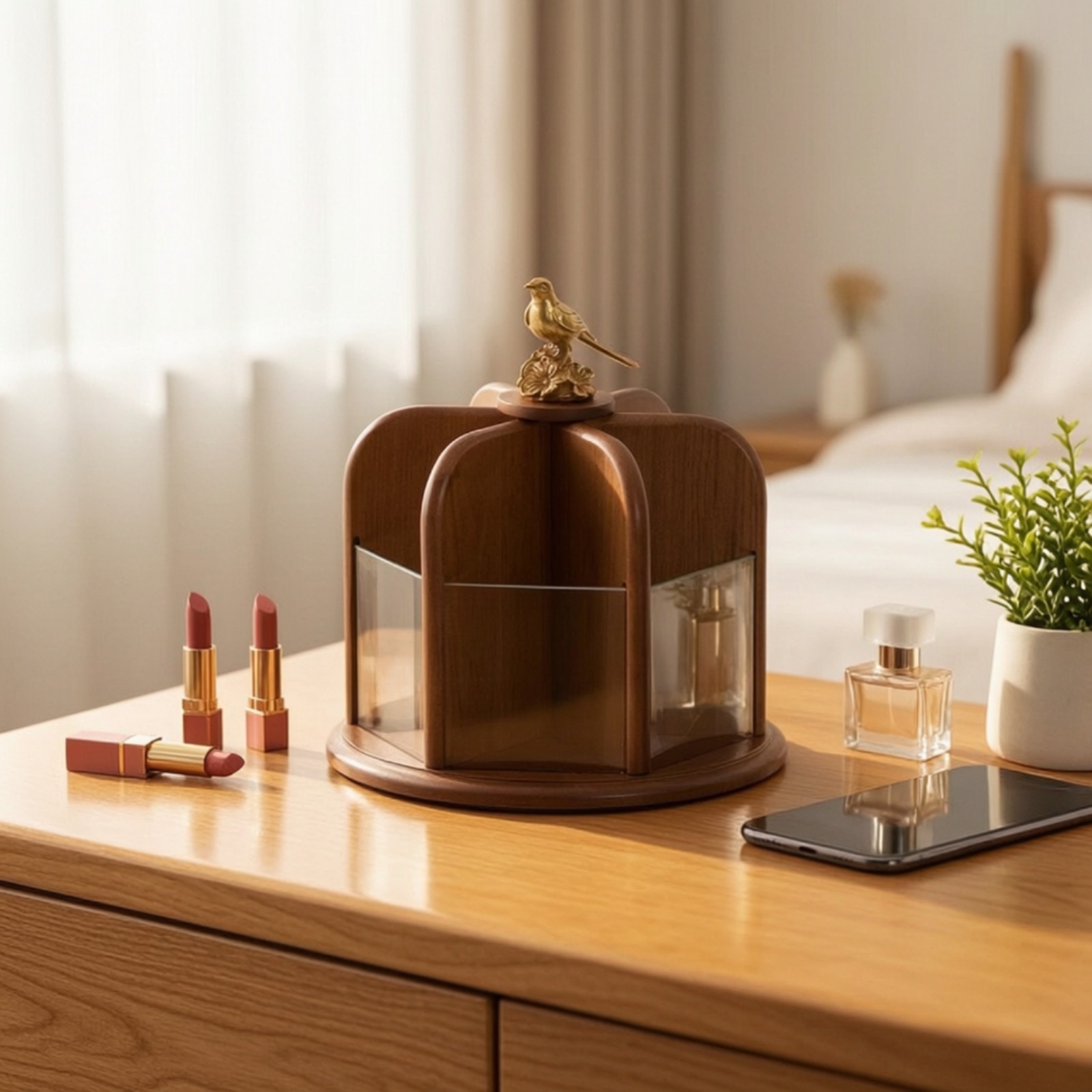 Rotating Makeup Organizer Tabletop Makeup Turntable with Bird Decoration