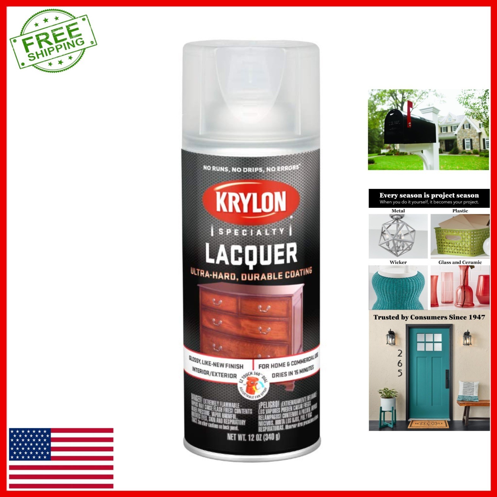 Krylon Gloss Clear Lacquer Spray, 12 oz - Indoor/Outdoor Use