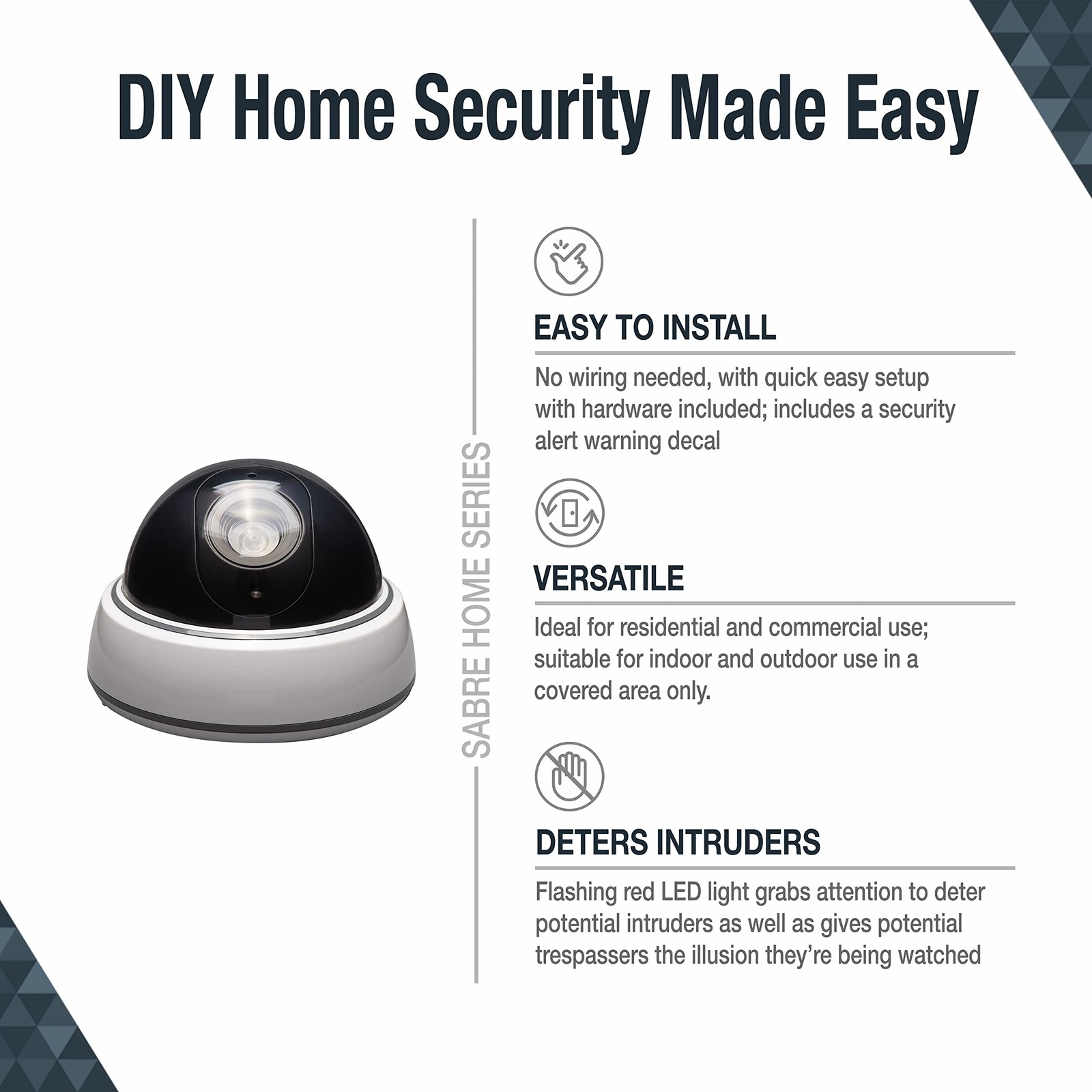 SABRE Fake Dome Security Camera, Flashing Red Light For 1 Pack, White