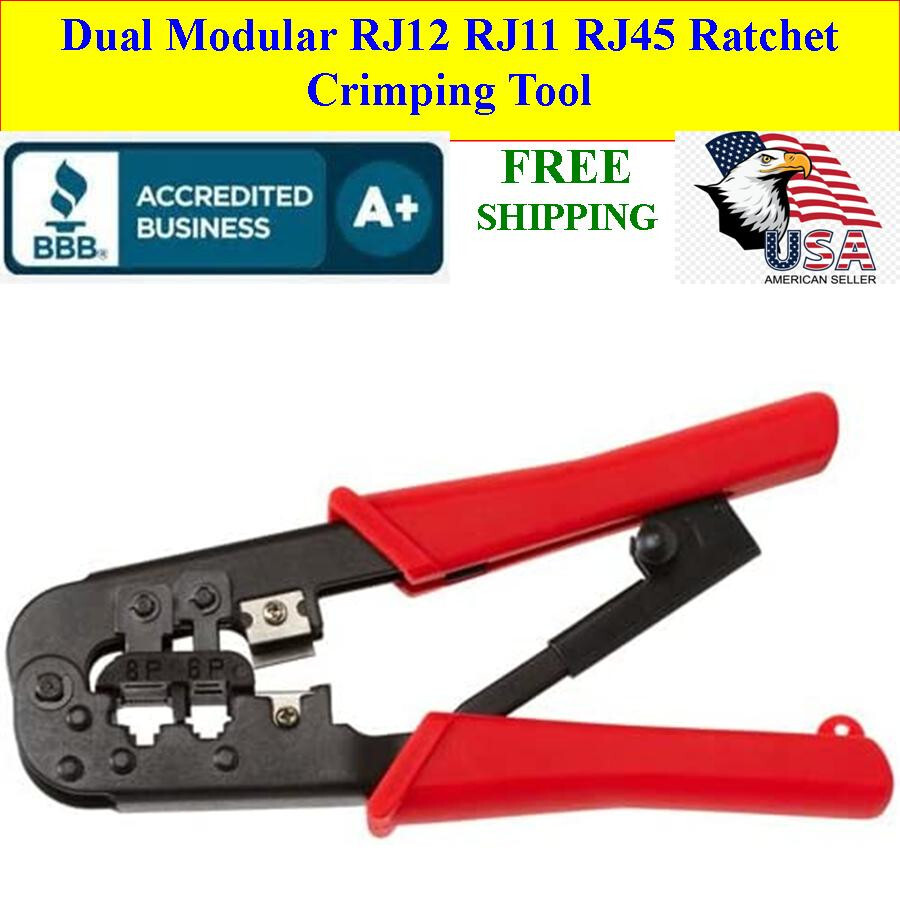 Dual Modular RJ12 RJ11 RJ45 Ratchet Crimping Tool Builtin Cable Stripper, Cutter