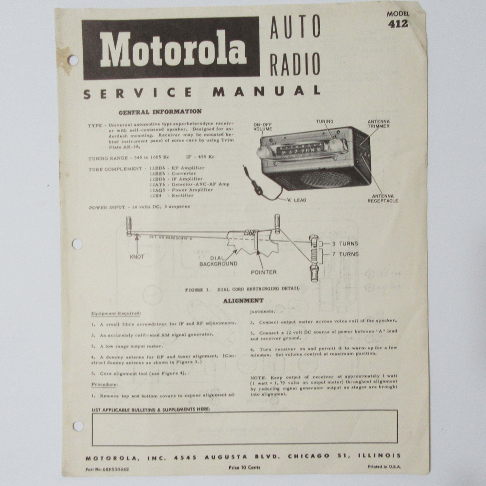 Motorola ® Model 412 Vacuum Tube Universal Auto Radio Service Manual © 1950s