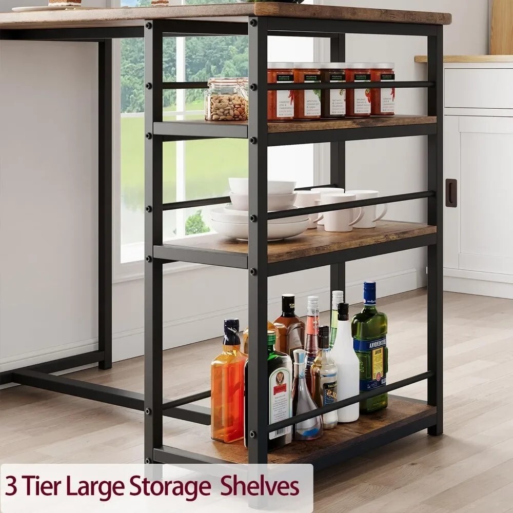 Dining Table Set for 1 Table and 2 Chairs, with 3 Storage Shelves Bar Table Set