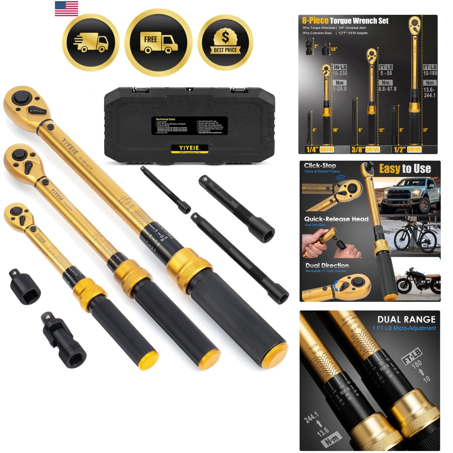1/4 3/8 1/2-inch Drive Click Torque Wrench, 8Pcs Torque Wrench Set 10-230in.l...