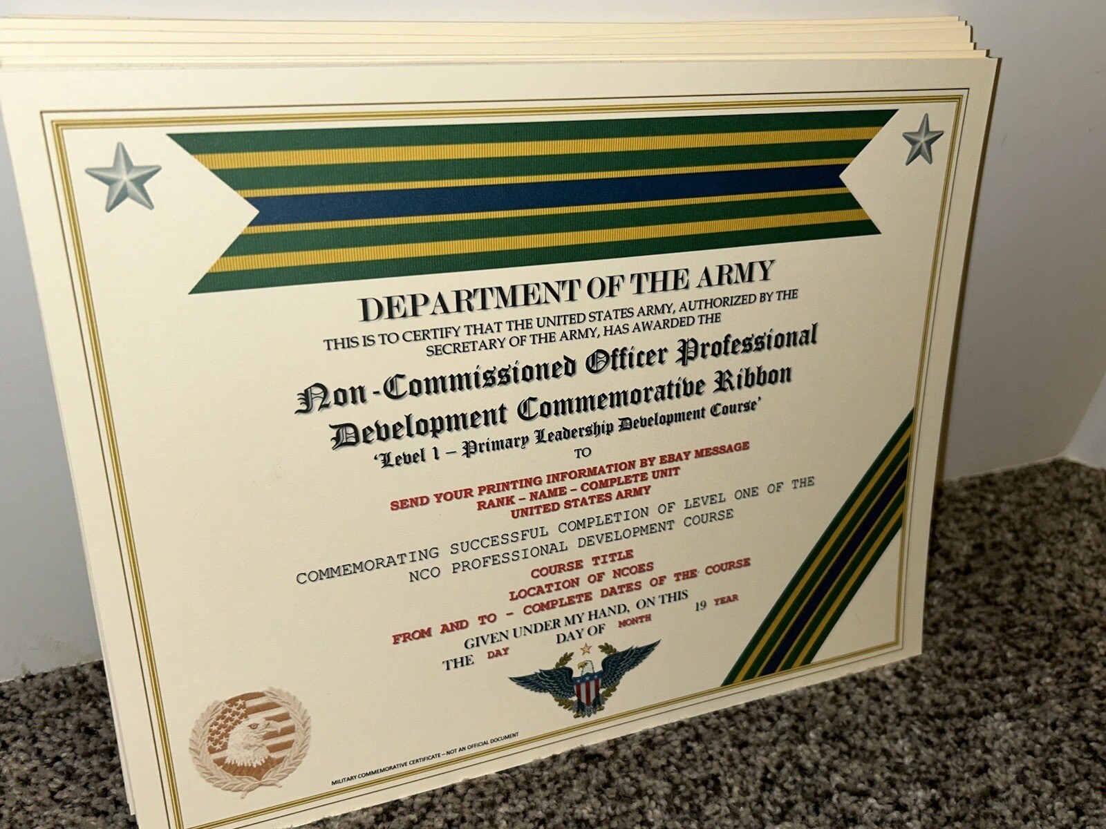 ARMY NCO PROFESSIONAL DEVELOPMENT COMMEMORATIVE CERTIFICATE ~ W/PRINTING TYPE-1