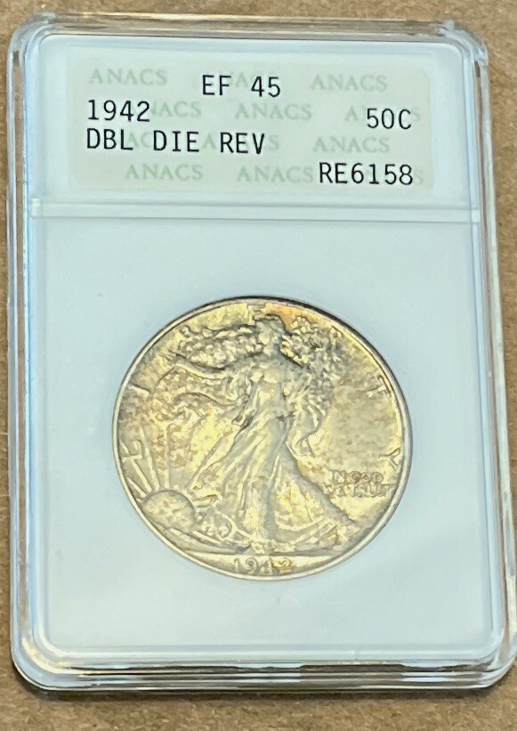 1942 walking liberty half - Double die Reverse- Old ANACs Holder XF  45 -