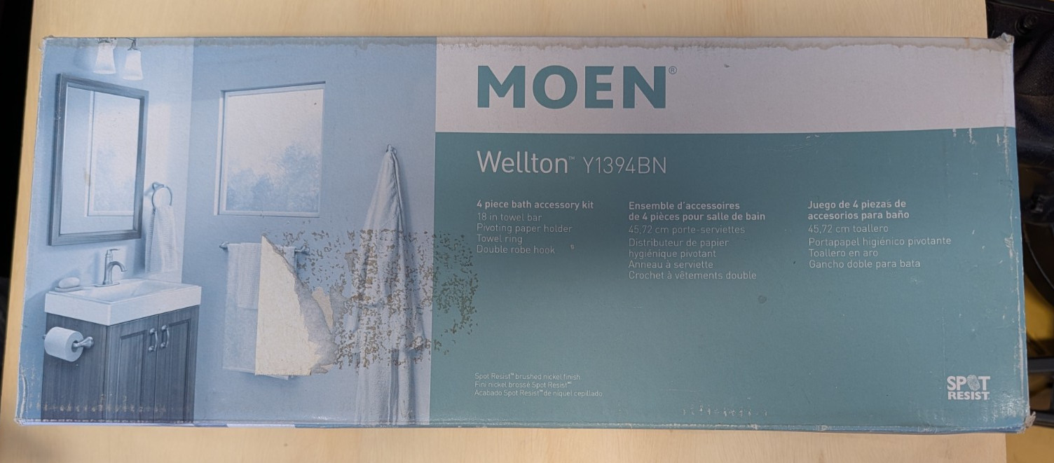(1) Moen Wellton 4-pc Bath Accessory Kit - BRUSHED NICKEL - Y1394BN - Opened Box