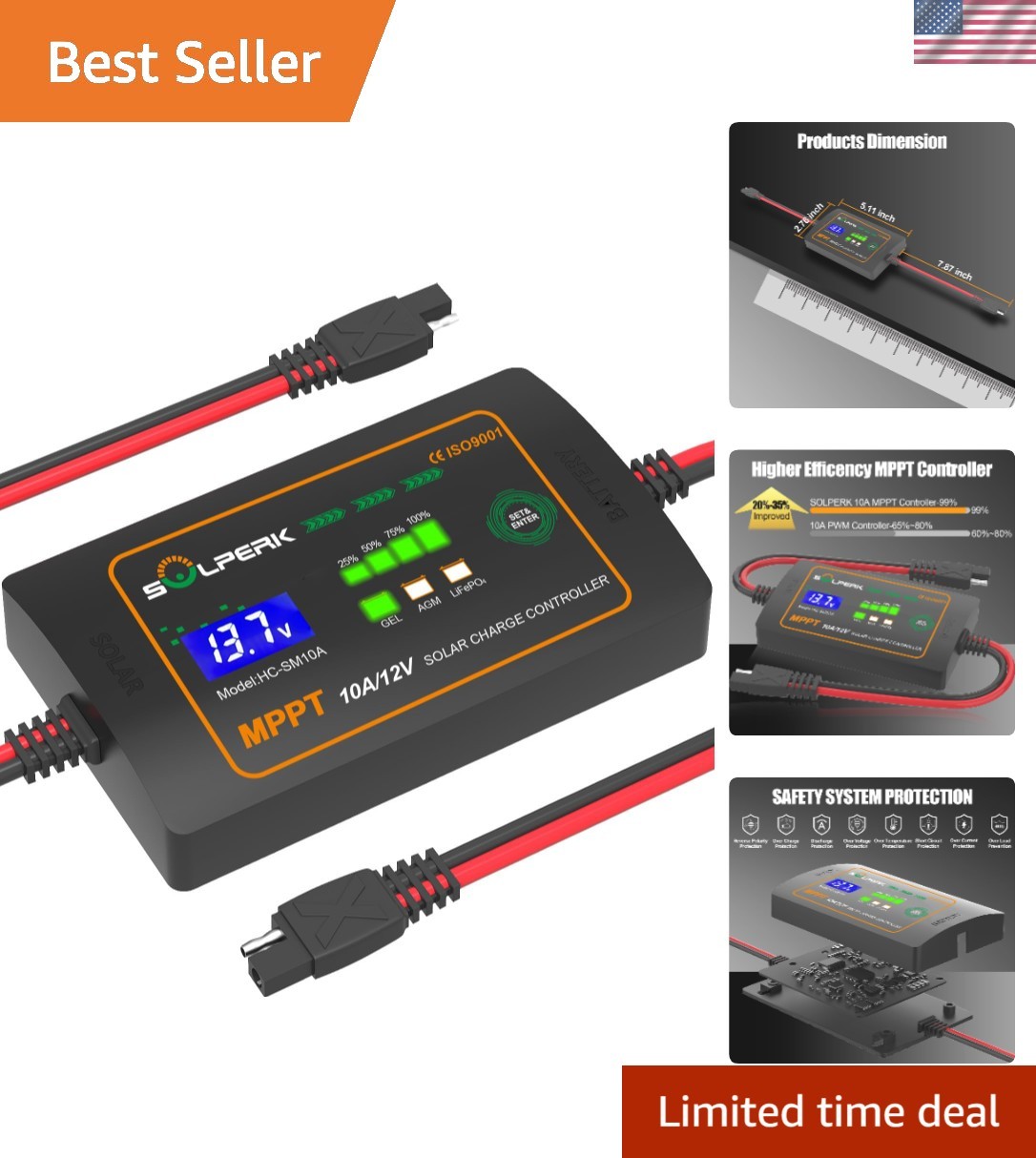 Compact 10A 12V Solar Charge Controller - Multi-Battery Compatibility & Safety
