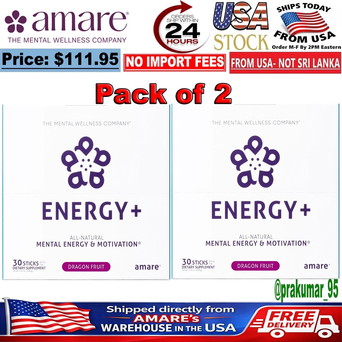 2 Pack Amare Energy+ Dragon Fruit (Caffeine-Free) - 30 Sticks - New! Exp. 2028🔥