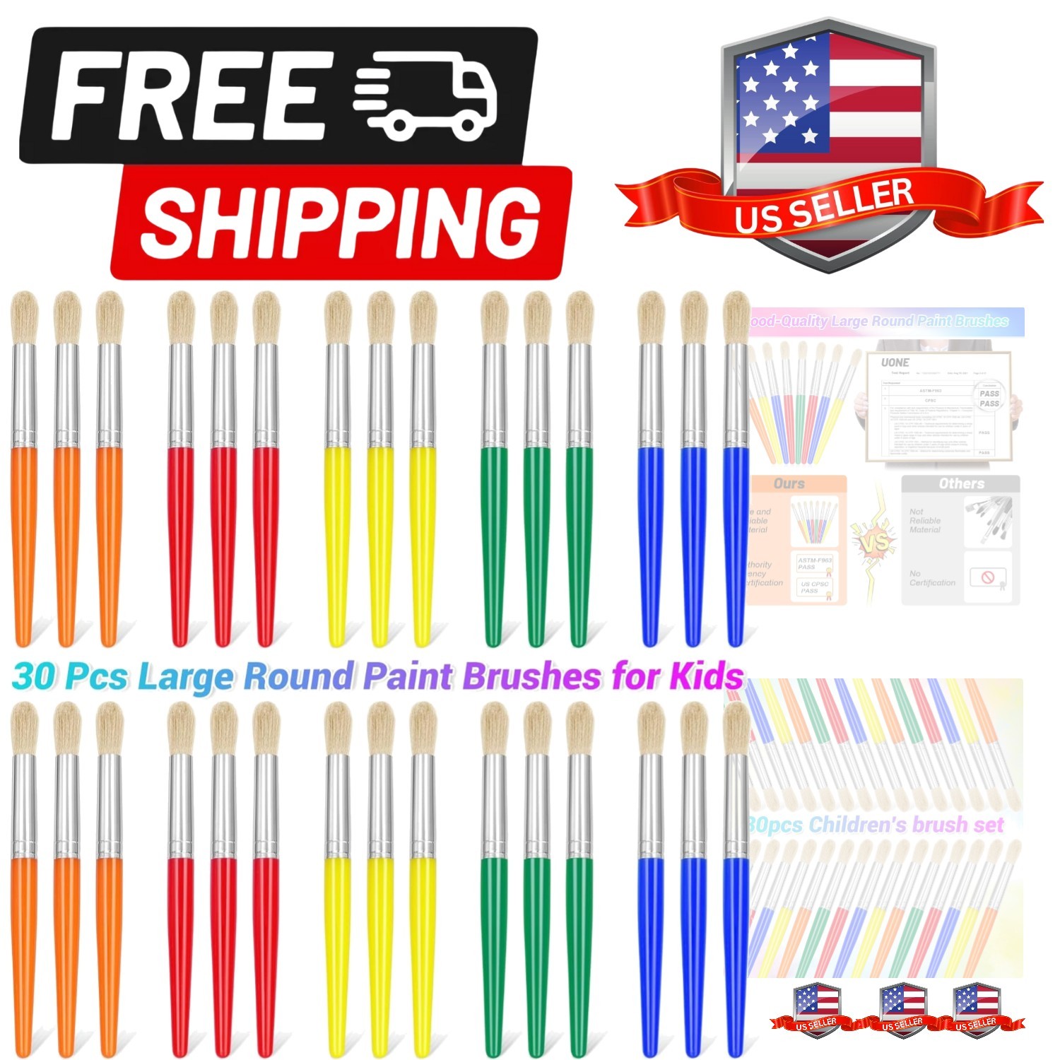 30Pcs Paint Brushes, Round Paint Brushes for Kids Classroom Toddlers Paint Br...