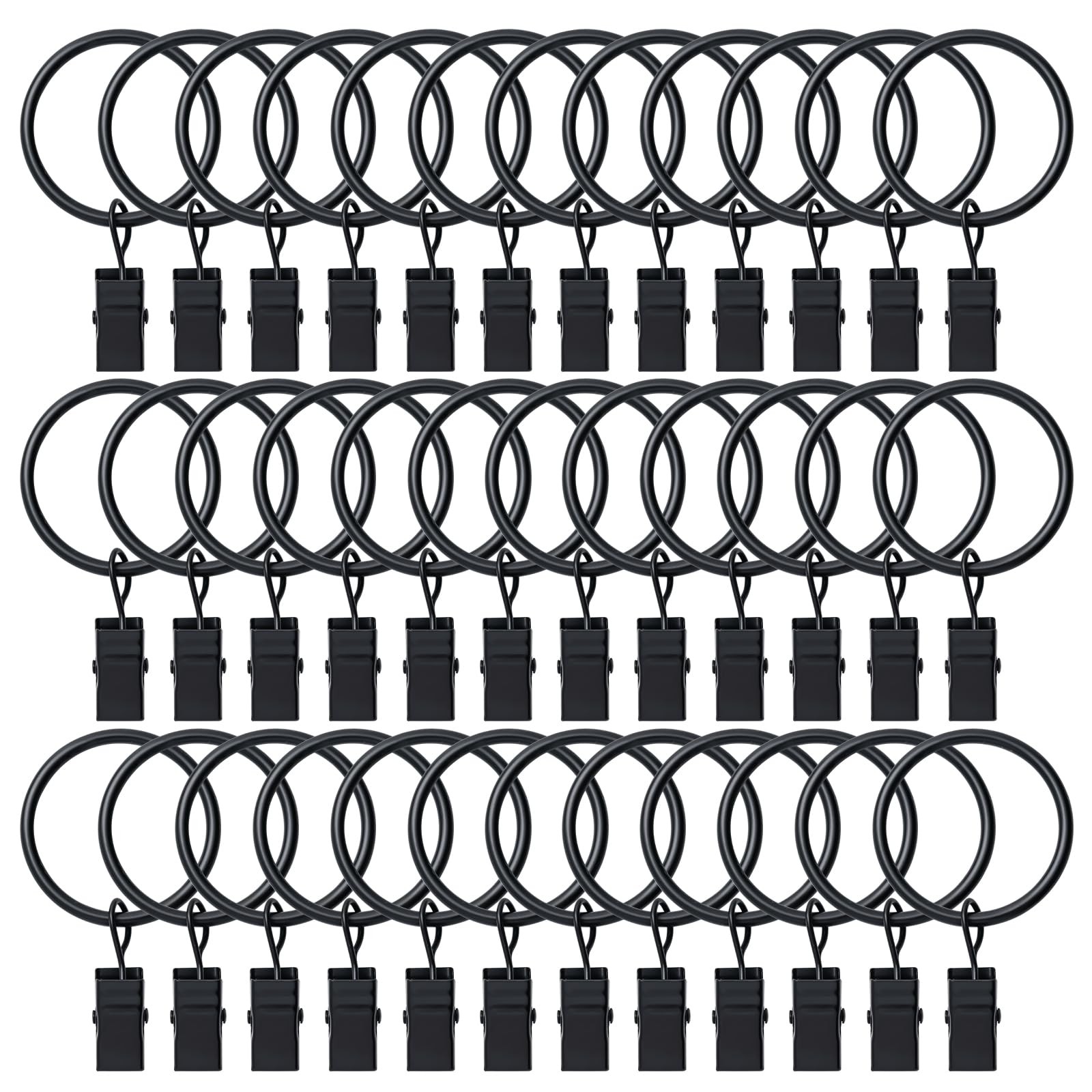 BOOMIBOO 36 Pack Curtain Rings with Clips, Drapery 1.26" I D 36 Pack, Black