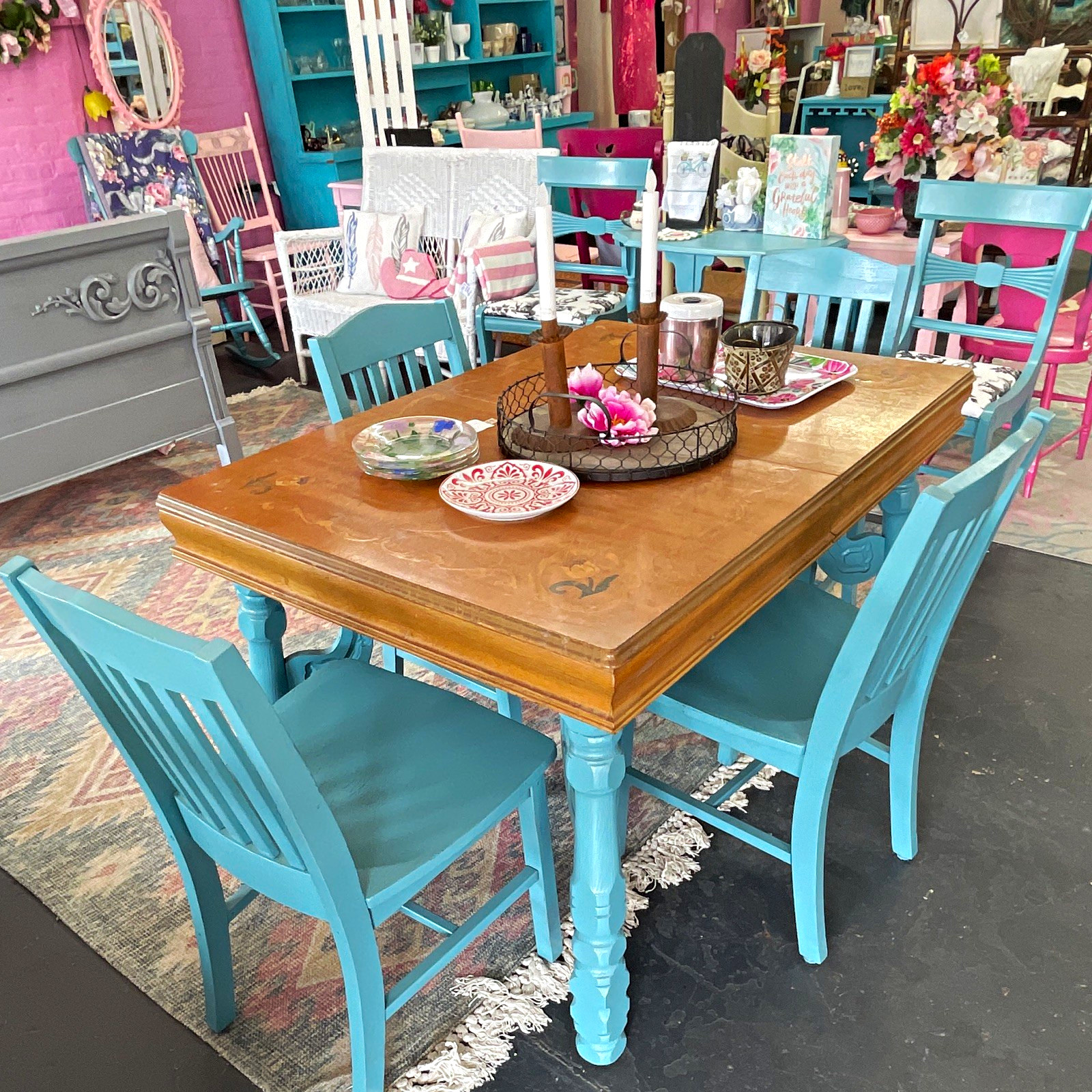 5-Piece Wood Dining Set Rectangular Table Brown Top w/ 4 Blue Chairs