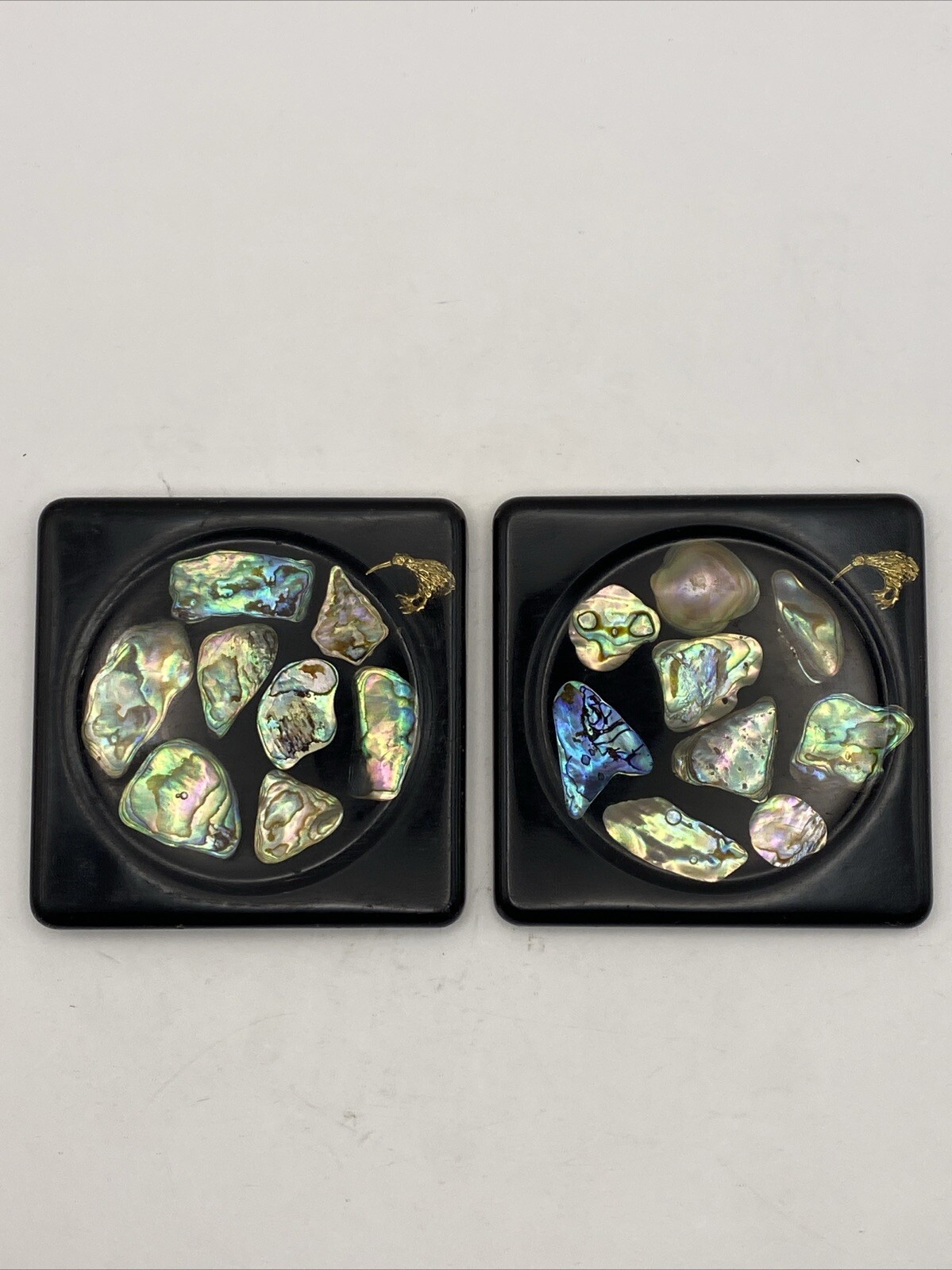 2 Vtg Black Lucite Beverage Coasters w/Abalone & Kiwi Bird 3 1/4"