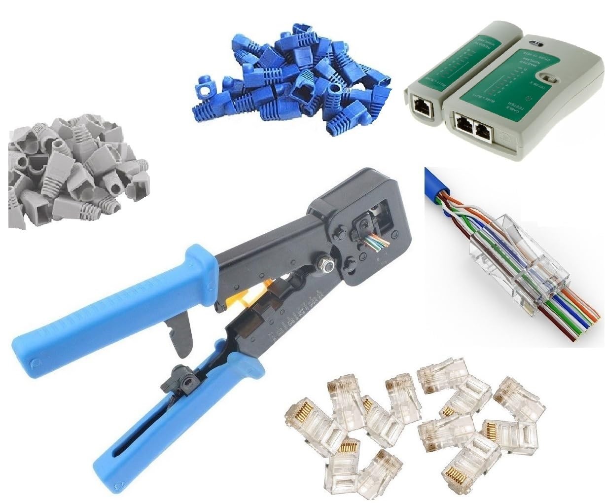 Professional Pass Through Network Tool Kit Cable Tester + RJ45 Crimp + 50 PCS