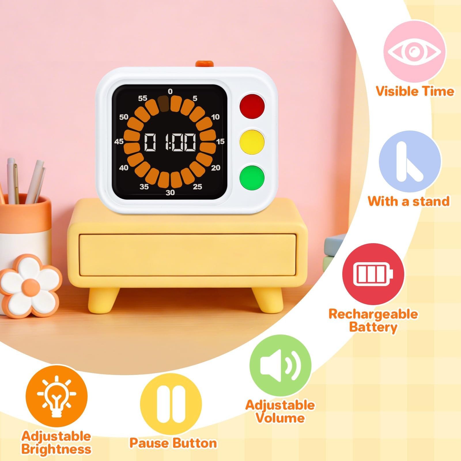 Digital Visual Timer for , with Coloured Progress bar, 60-Minute Countdown an...