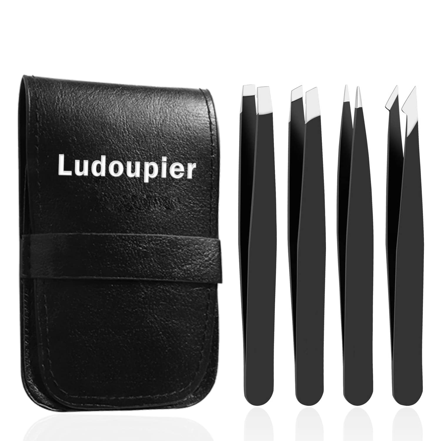 LUDOUPIER [4+1 Pieces] Tweezers Set with Travel Case, 4 Piece Set, Black