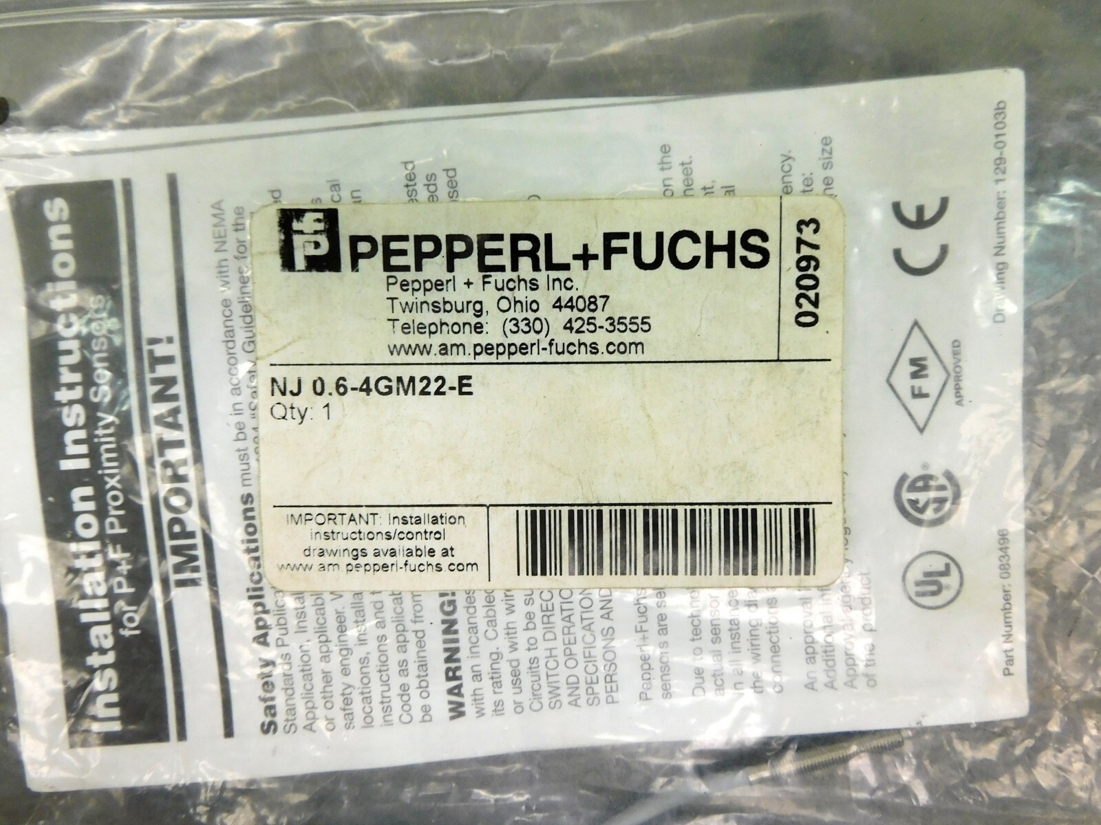 PEPPERL & FUCHS NJ0.6-4GM22-E Proximity Sensor