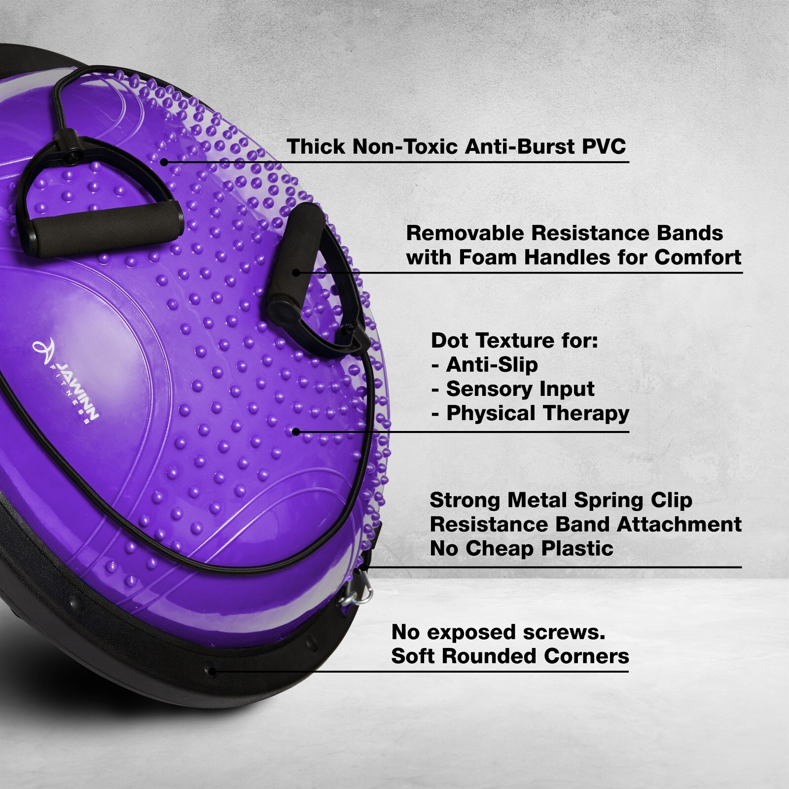 JAWINN FITNESS HALF BALANCE EXERCISE PLUM PURPLE BALL WITH RESISTANCE BANDS