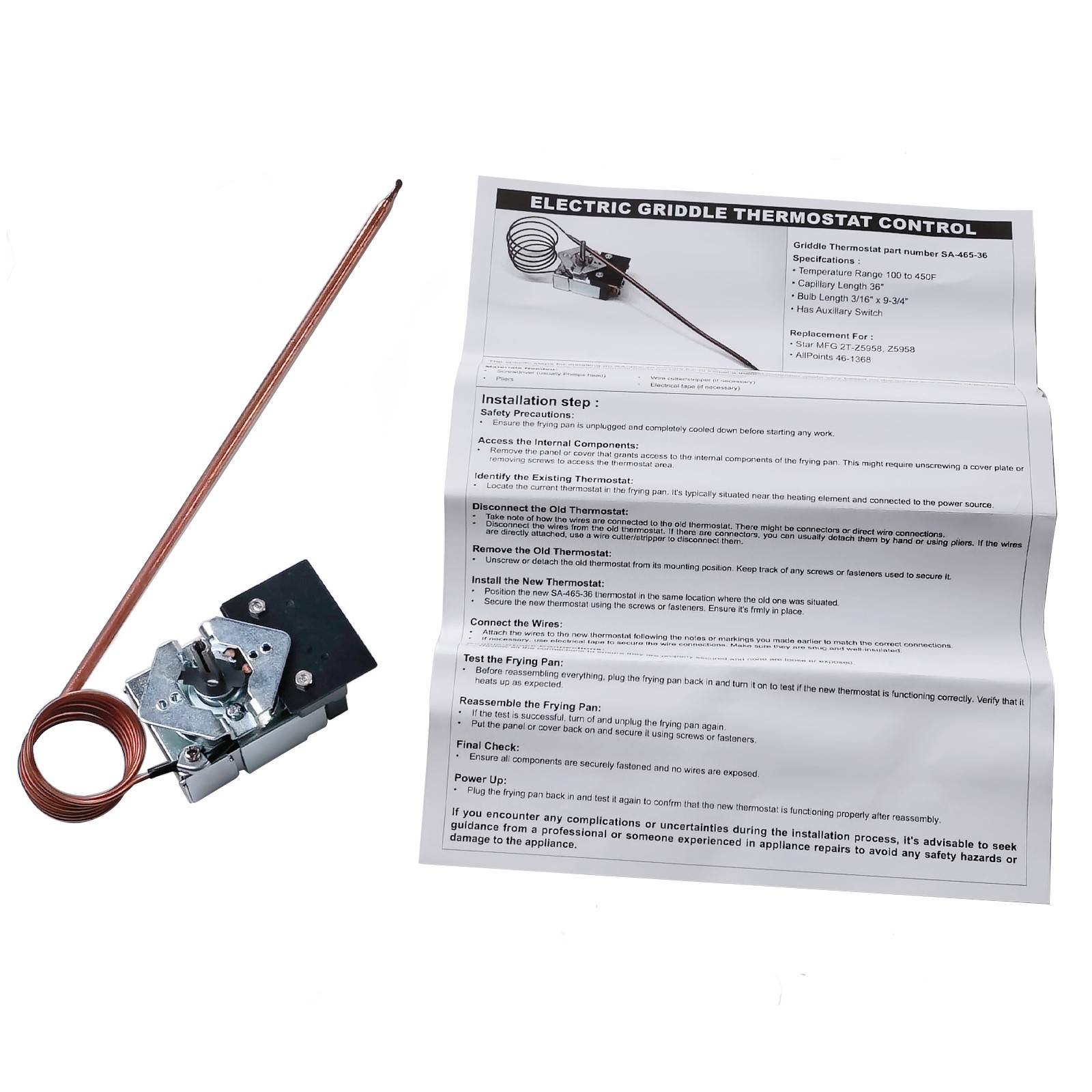 SA-465-36 Electric Griddle Thermostat Control for Star Max Griddle Temp 100-450F