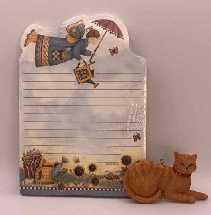 Debbie Mumm Cat Resin Ornament & April showers Angel notepad. Garden Butterflies