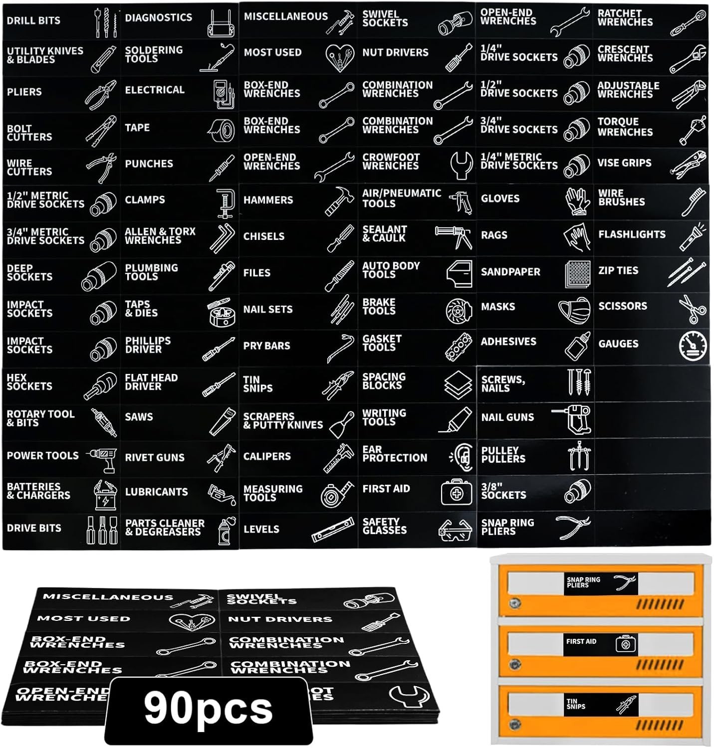 90PCS Magnetic Toolbox Labels 3.5x1 Tool Chest Drawer Organizer Stickers