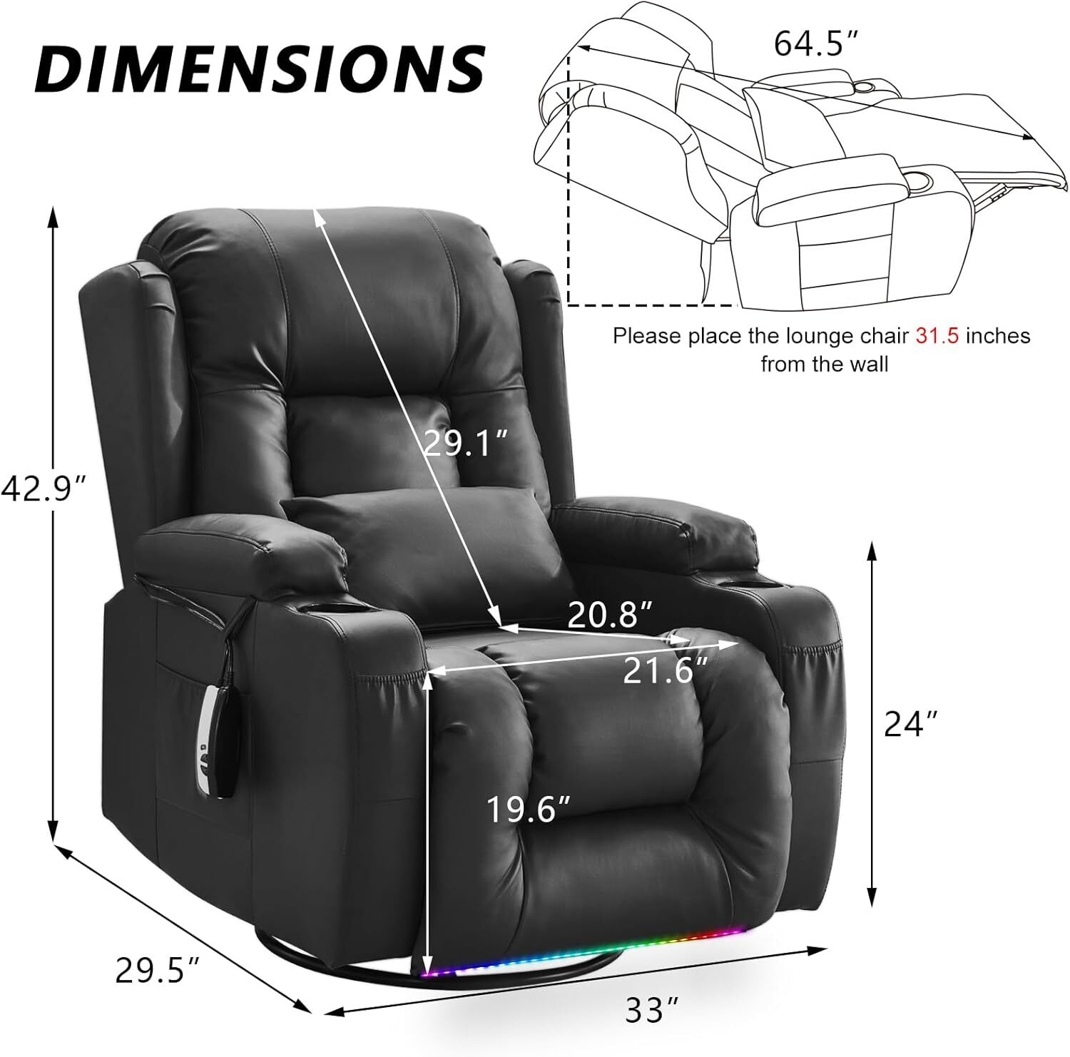Power Swivel Recliner Chair Rocker Recliner Sofa with LED Light Massage and Heat