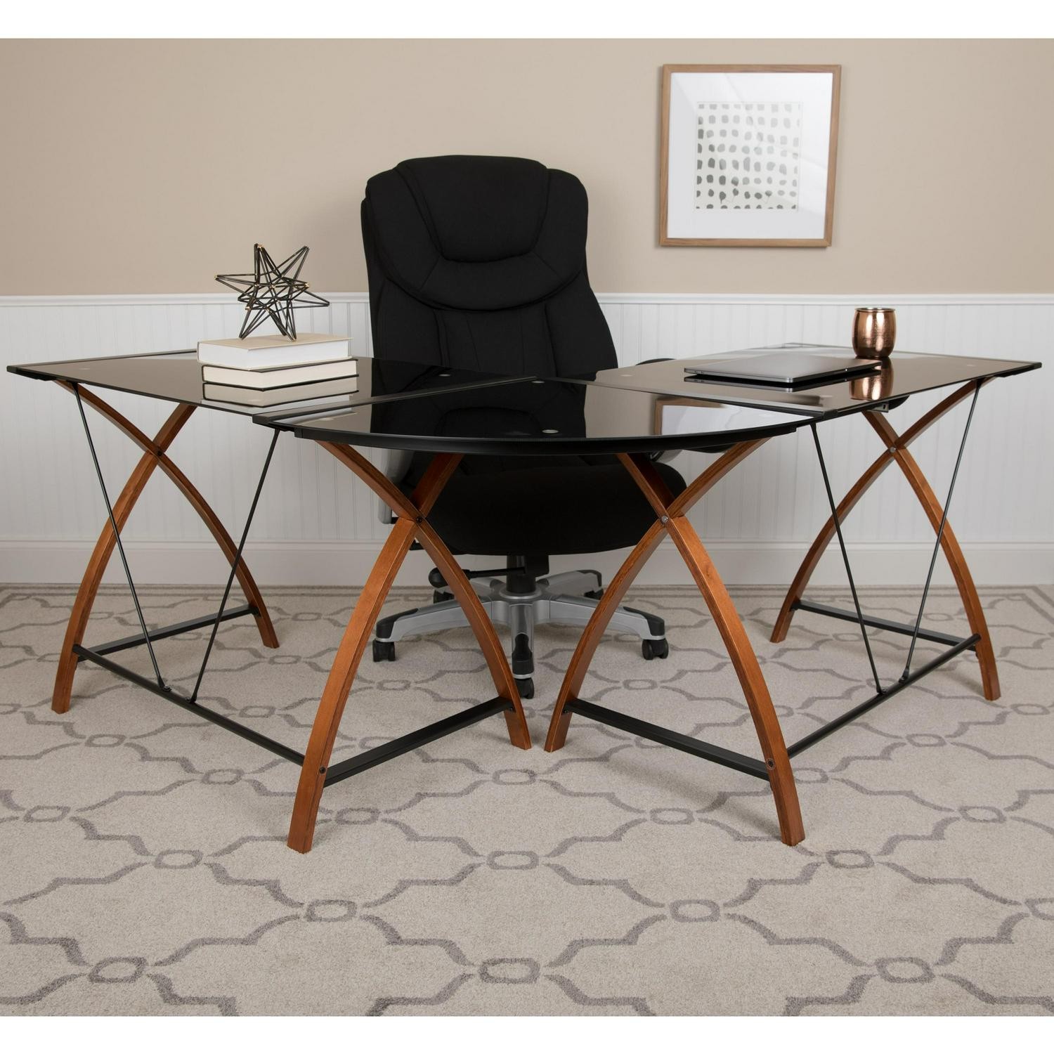 Glass L-Shape Corner Computer Desk With Pull-Out Keyboard Tray
