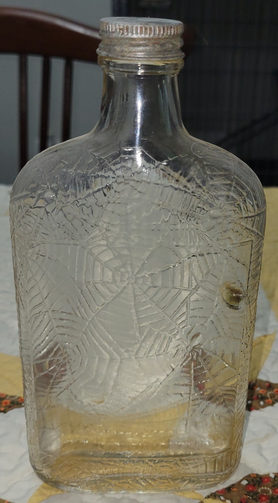 Clear Glass Liquor Bottle Spiderweb Embossed Pattern w/ Spider And Fly