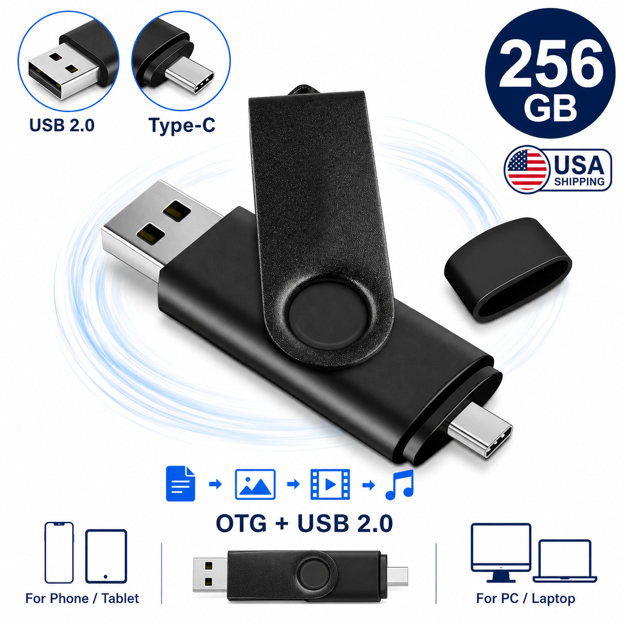 256GB USB 2.0 USB-A & USB-C Flash Drive Dual Connector Portable