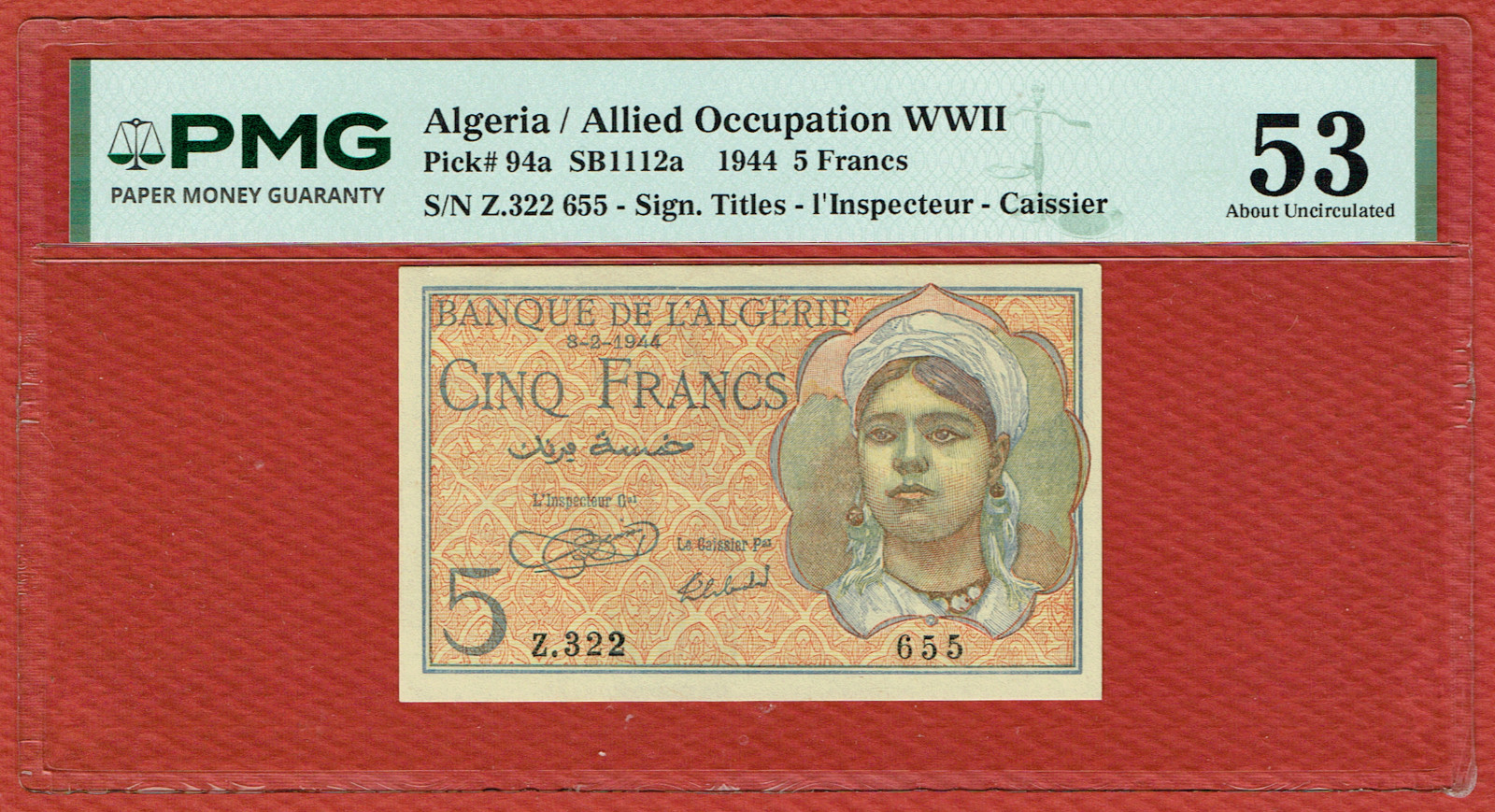 BANQUE de L'ALGÉRIE 8. 2. 1944 5 FRANCS (PICK#94a) PMG AU 53 ALLIED ISSUE