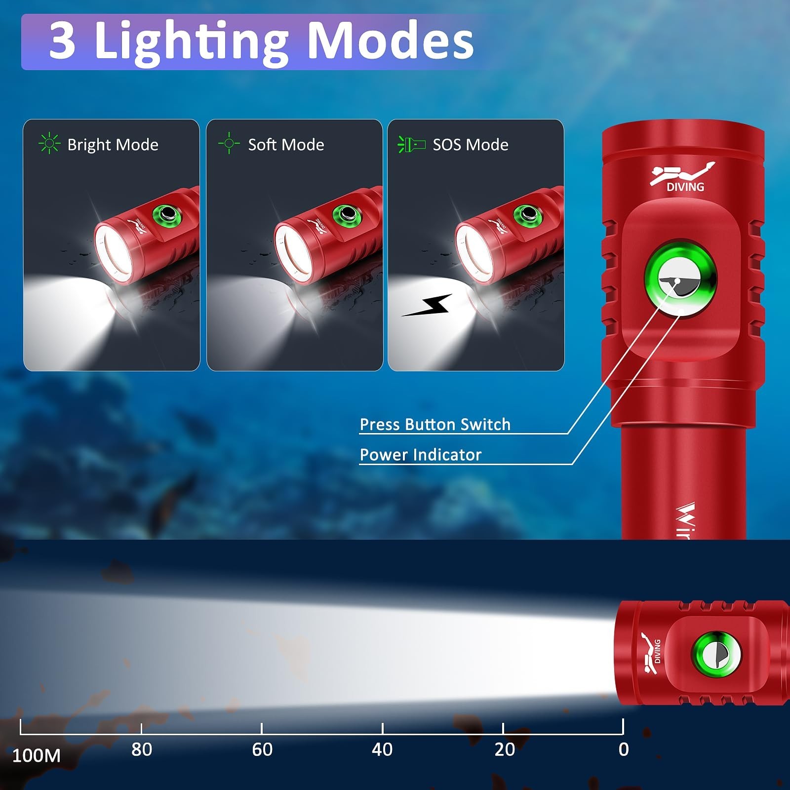 WINDFIRE TS08 Scuba Dive Light Rechargeable Underwater Flashlight