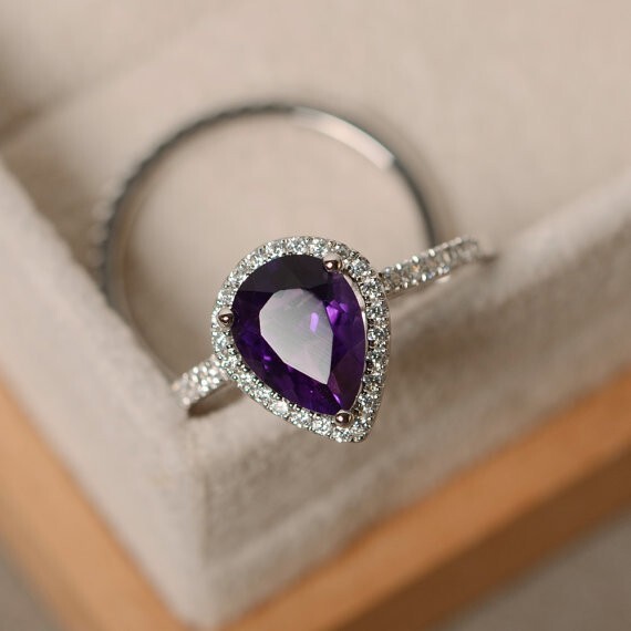 2.35 Ct Pear Cut Natural Amethyst Diamond Engagement Ring 14K Solid White Gold