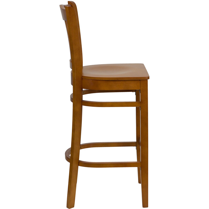 Cherry Wood Finished Vertical Slat Back Restaurant Bar Stool with Wood Seat