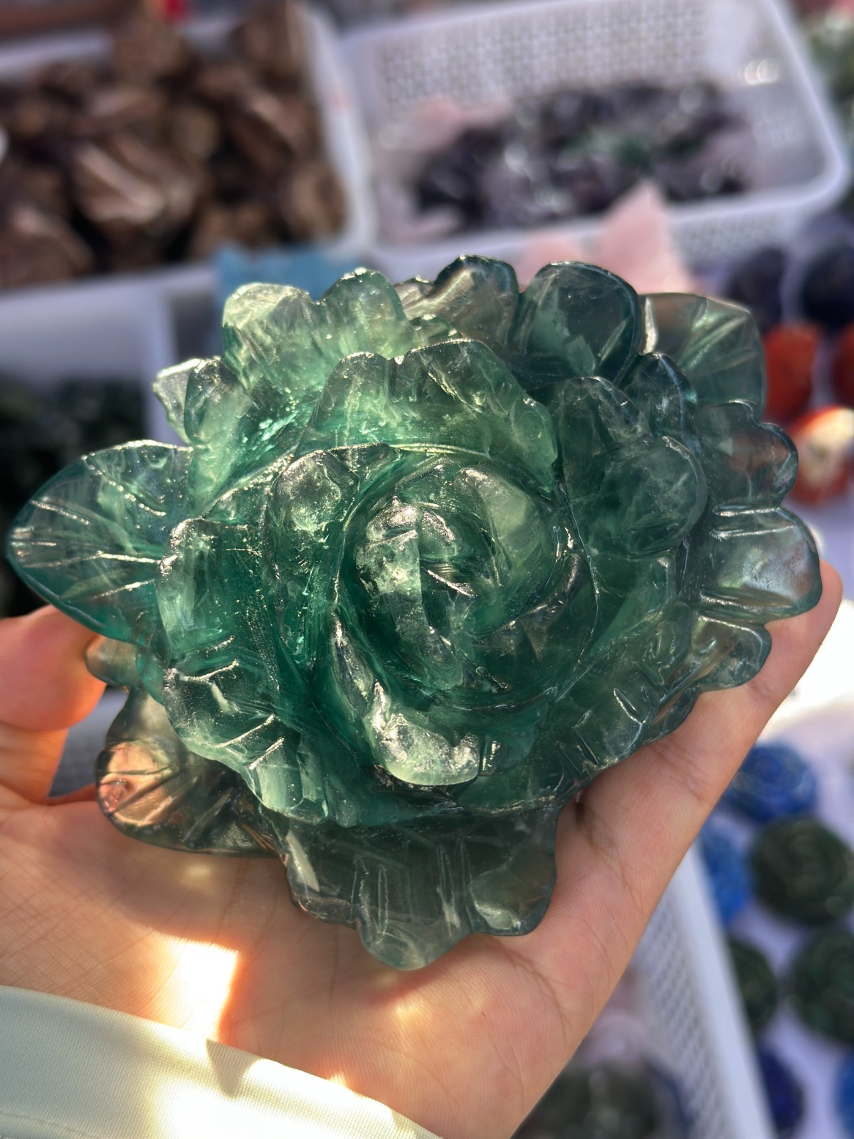 1pc Natural green fluorite Quartz Carved peony flower Crystal Reiki healing gift