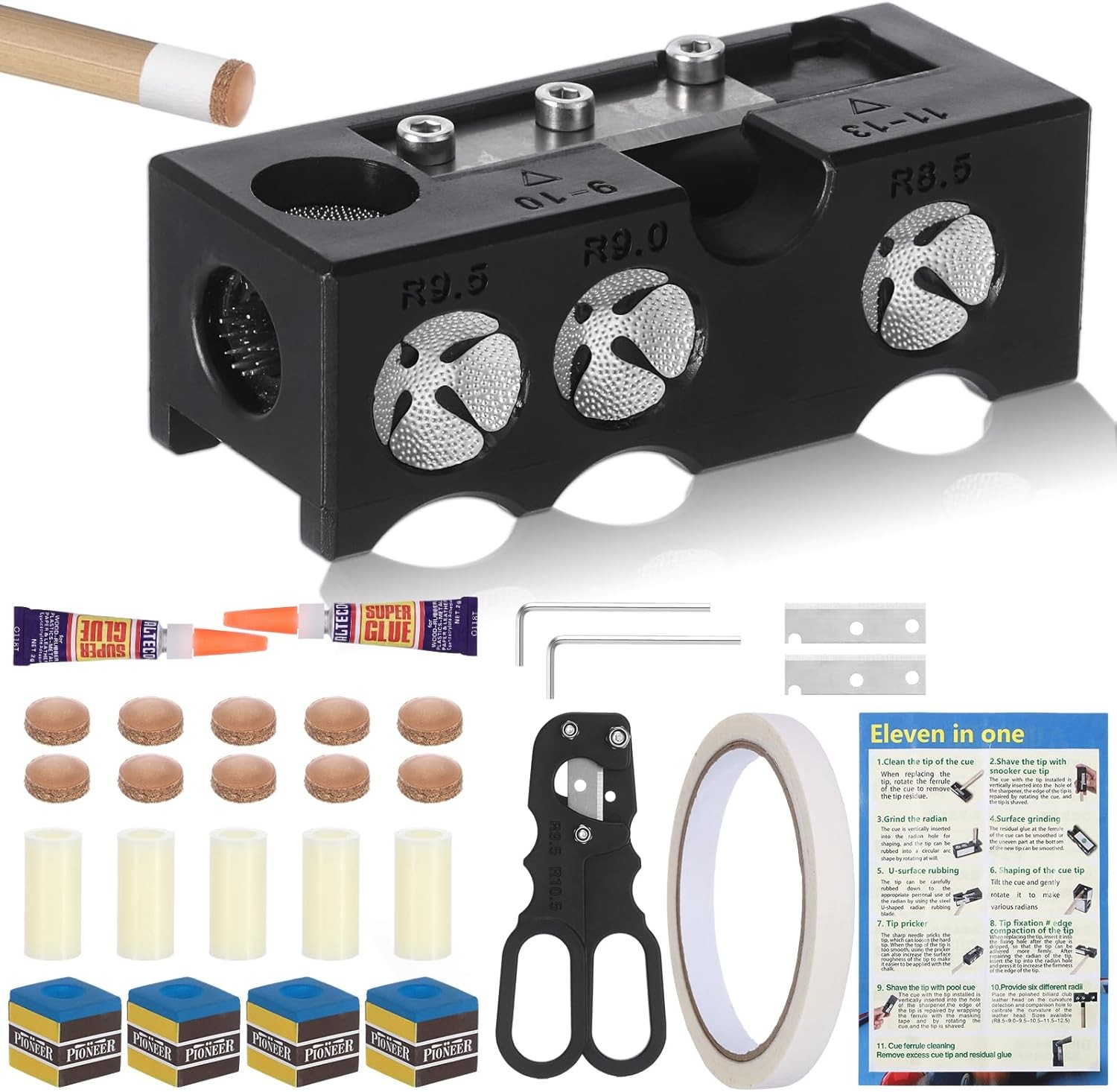 11-in-1 Billiards Pool Cue Tip Shaper, Aluminum Alloy Pool Stick Tips Replacemen