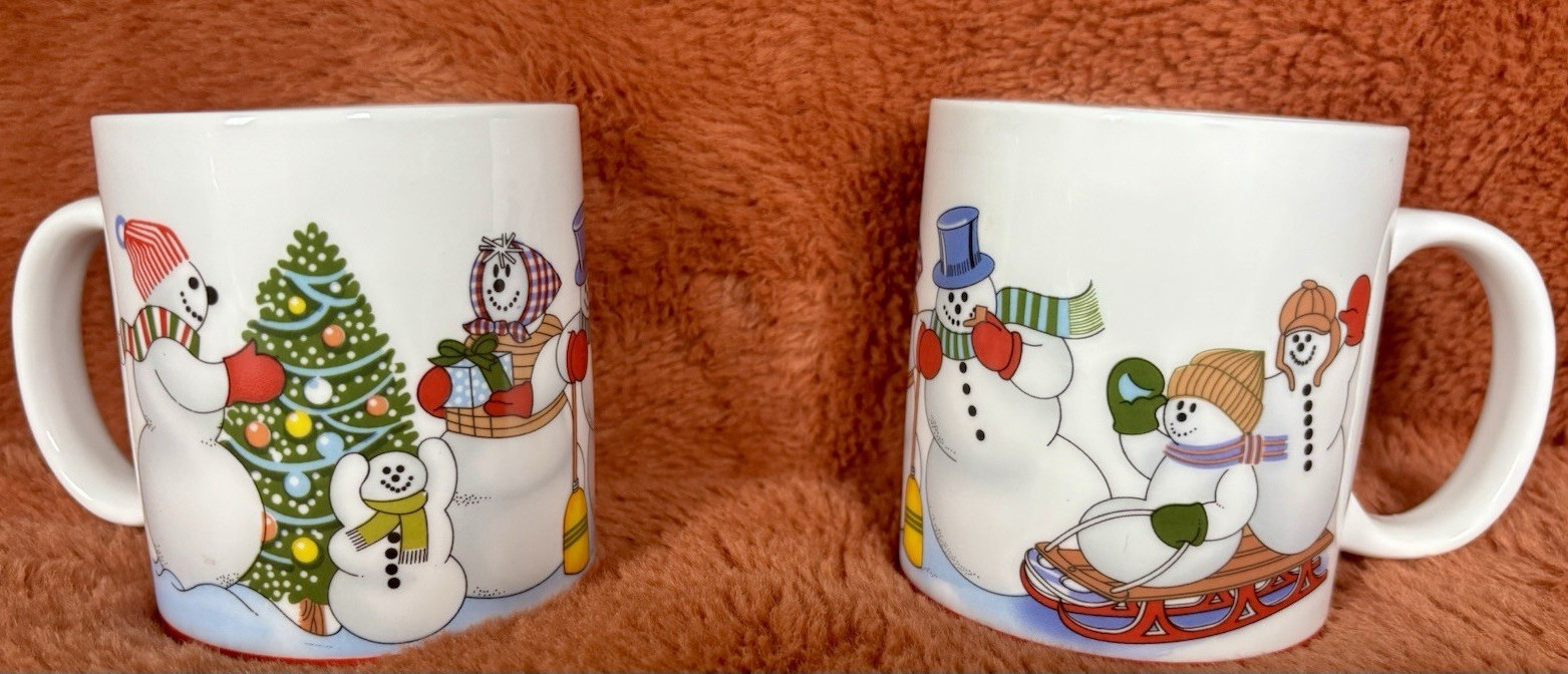 Bette Ward Handmade Christmas Snowman & Tree Ceramic Coffee Mugs Set of 2
