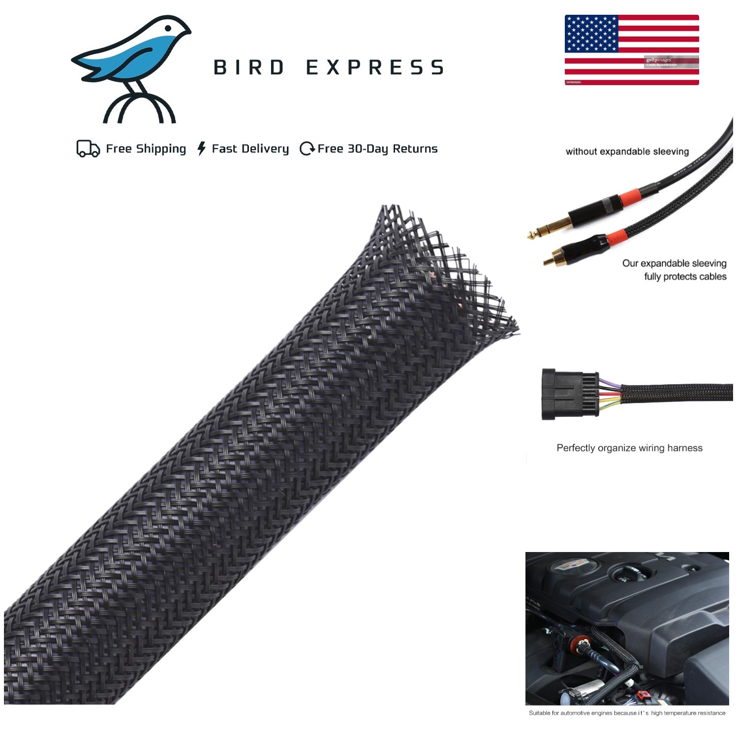 100ft - 1/4 inch PET Expandable Braided Sleeving – Black – Braided Cable Sleeve