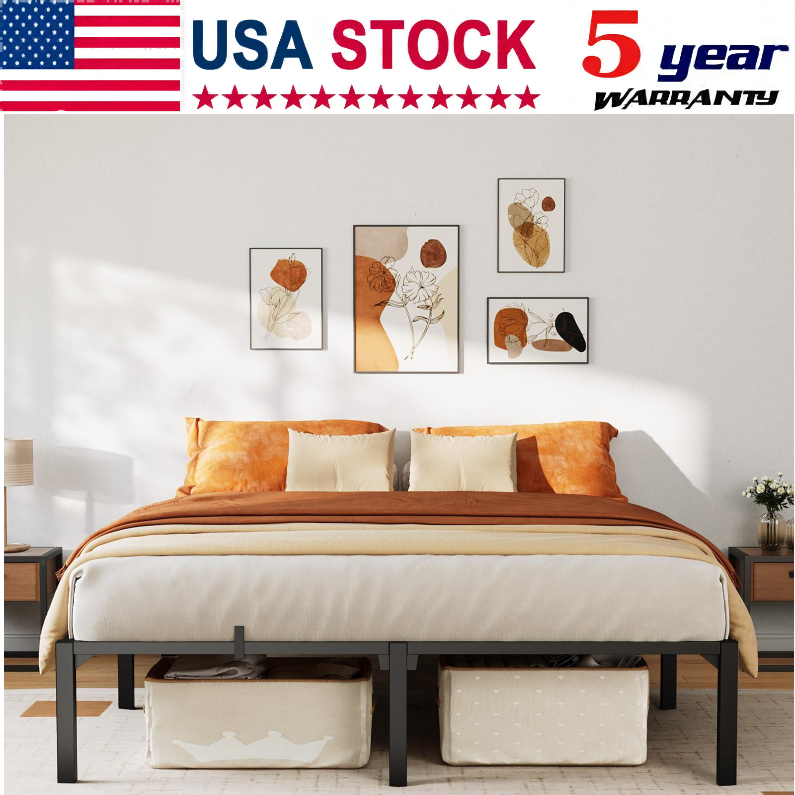 Metal Bed Frame Full Size 16 inch High Heavy Duty Platform Bed Frames Tool-Free