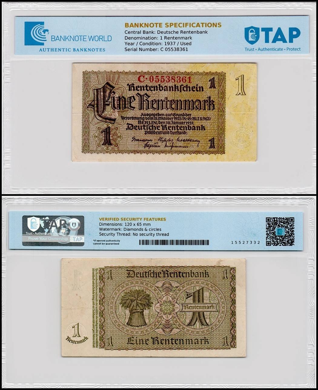 Germany 1 Rentenmark, 1937, P-173, Used, TAP Authenticated