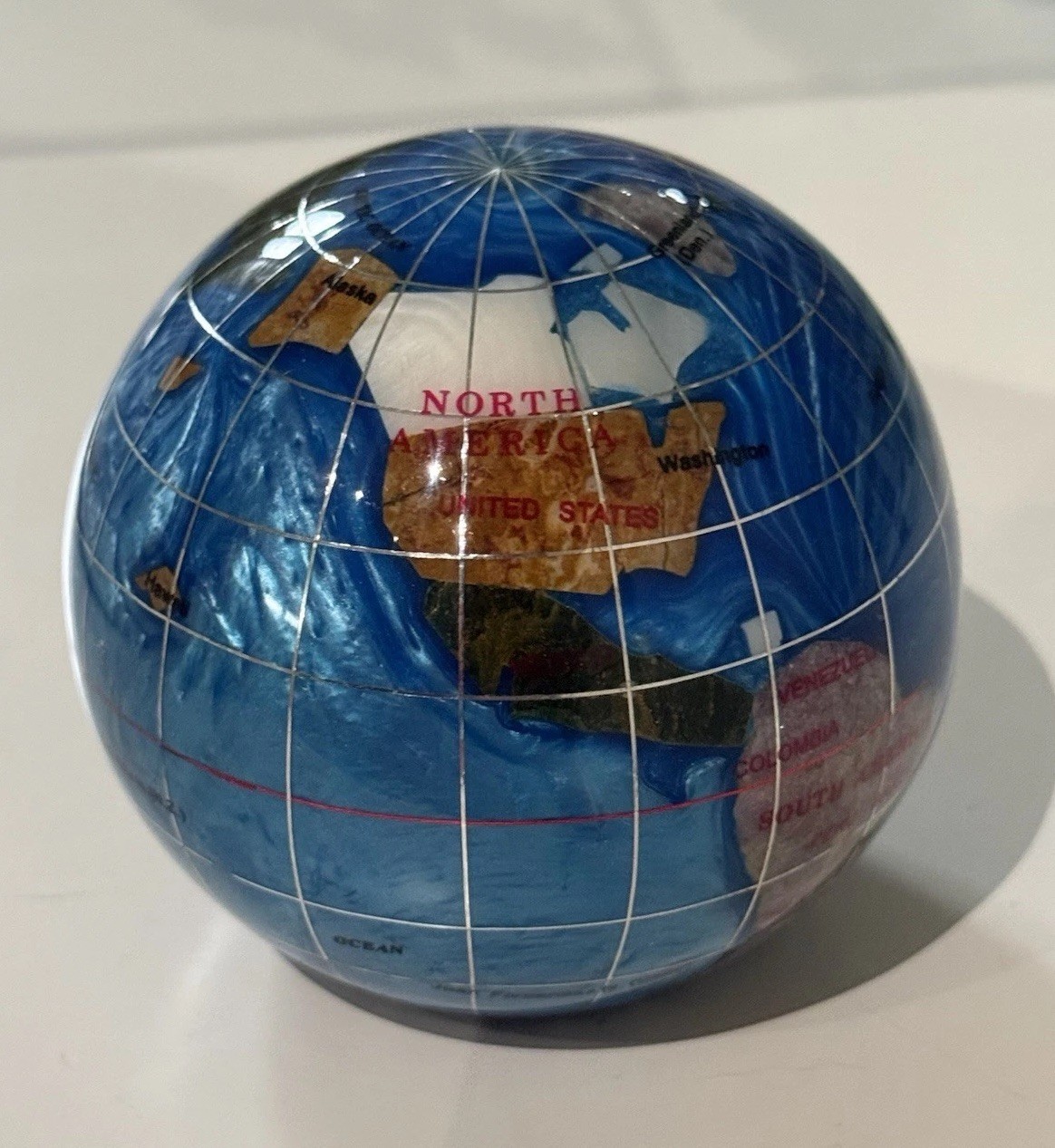 NIB Gemstone Globe Paper Weight 3.25" Diameter w/ Inlaid Semi-Precious Stones