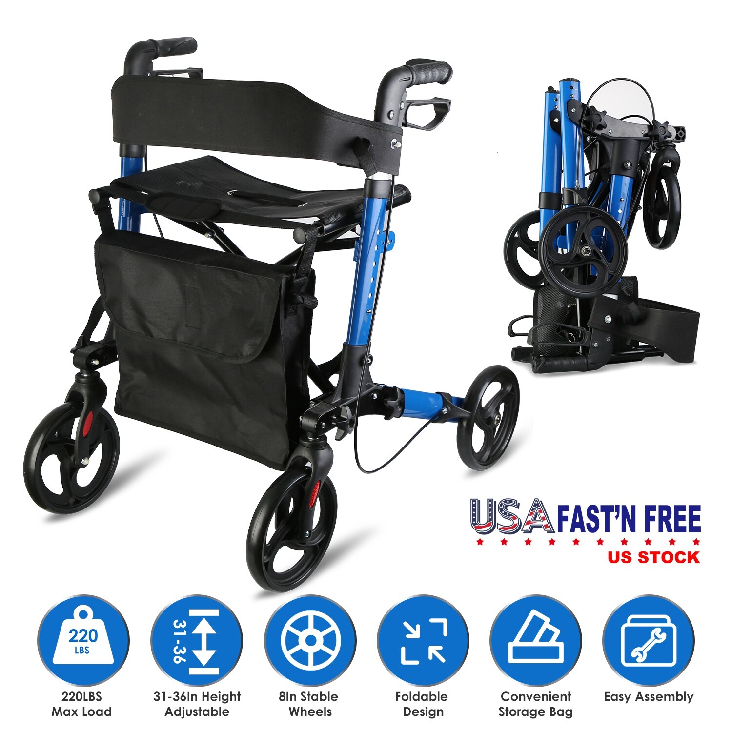 All-Terrain Rollator Walker for Seniors Rubber Wheels Foldable Lightweight