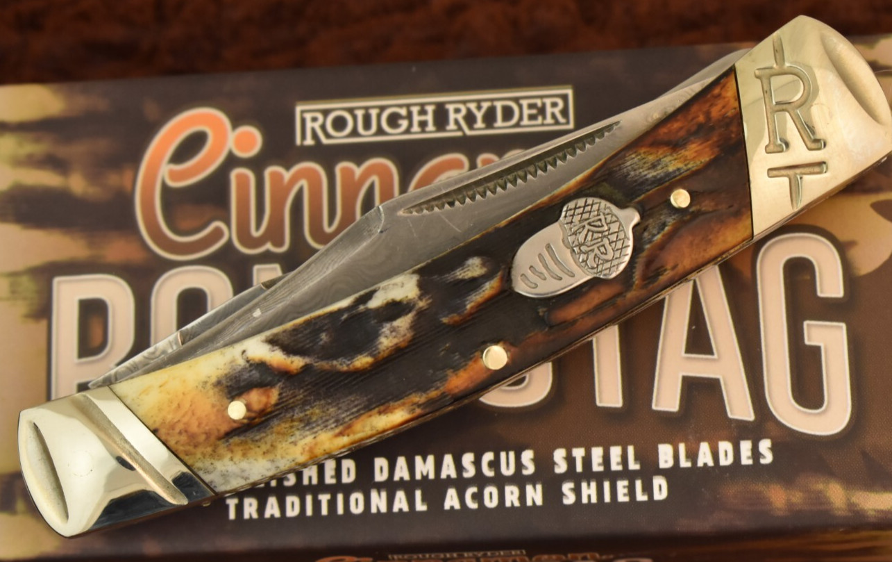 ROUGH RIDER RYDER CINANAMON BONESTAG BONE MOOSE KNIFE DAMASCUS STEEL RR2157