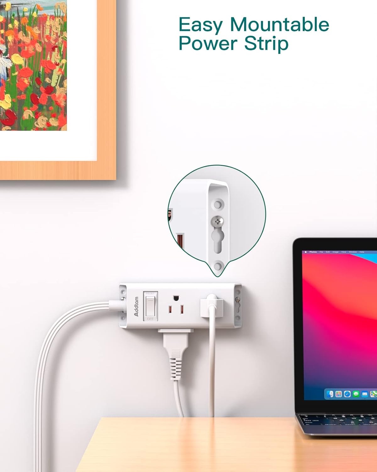 Cruise Essentials - Flat Plug Power Strip, Addtam 5 ft Ultra 5 FT, White