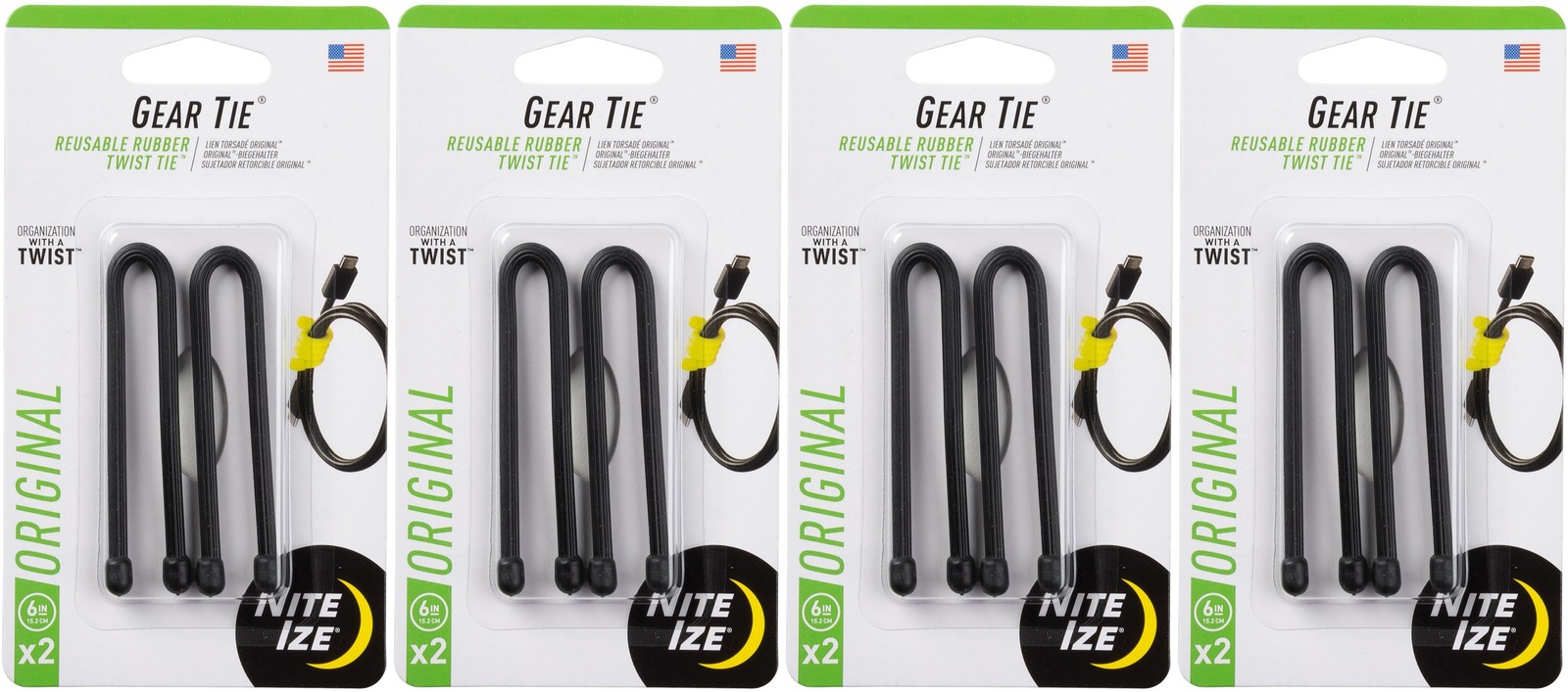 Nite Ize 2-Pack Gear Tie Reusable Rubber Twist Tie, 6" - Black (4-Pack)