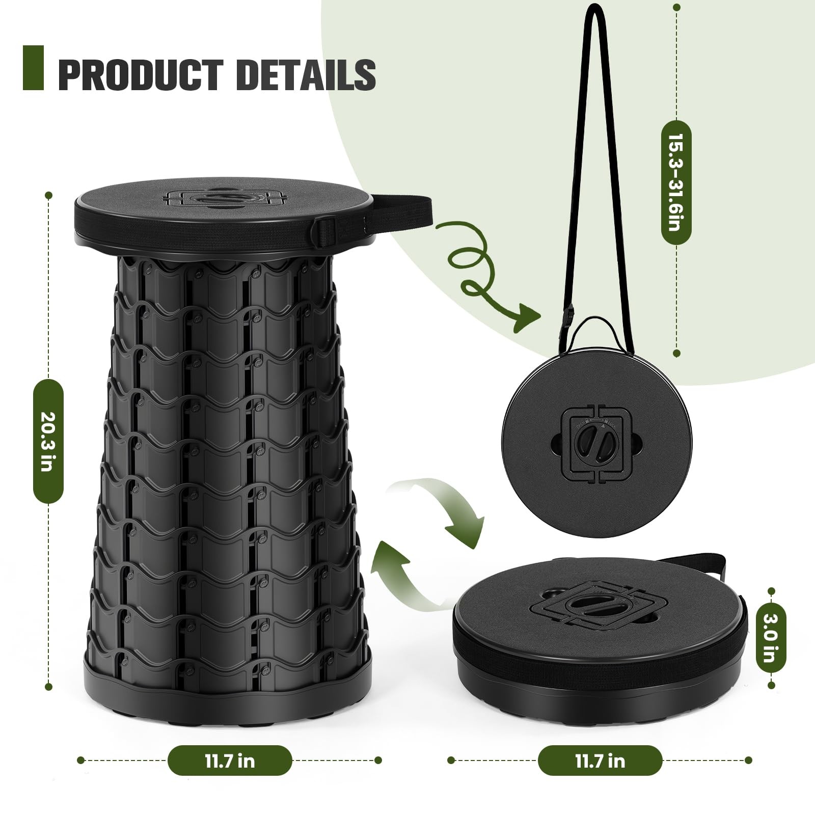 Collapsible Stool Max 1000lb Capacity, 12 Adjustable Heights - Portable