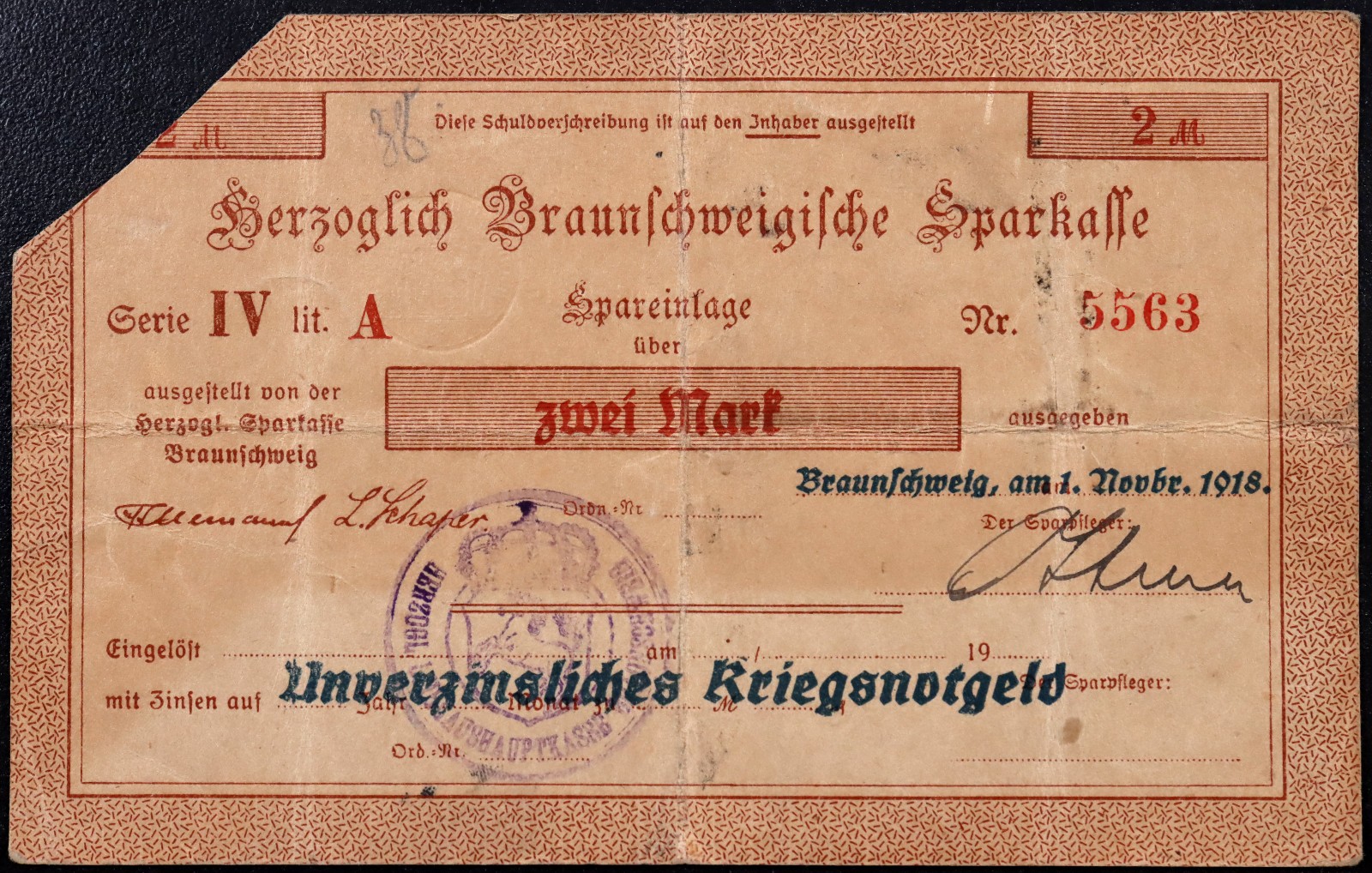 BRAUNSCHWEIG 1918 "Herzoglich Braunschweigische Sparkasse" 2 Mark Grossnotgeld