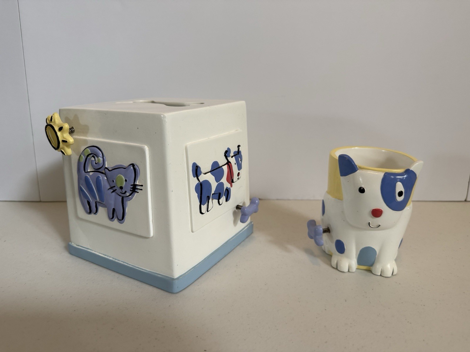 Jenny Jeff Designs Cats and Dogs Tissue Box Holder and Cup Bathroom decor
