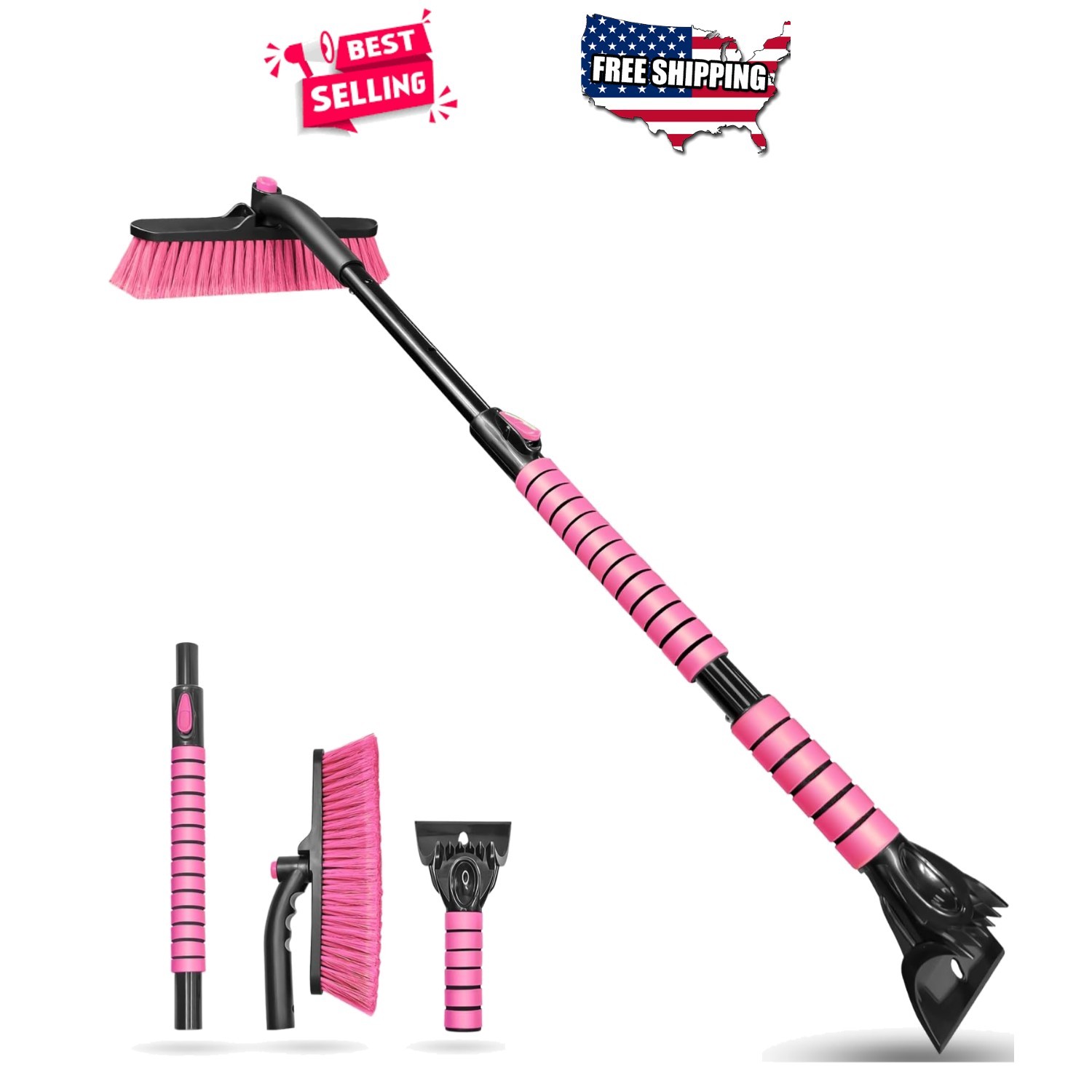 44 Inch Extendable Snow Brush with Foam Grip for Car Windshield - Pink