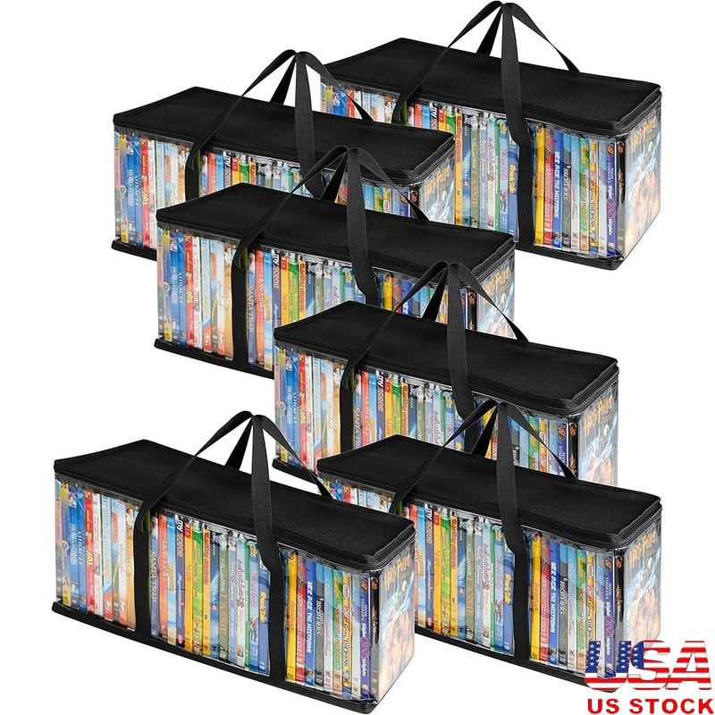 Clear Plastic Storage Bins W/ Handles DVDs Media Organizers Zippered Bags New